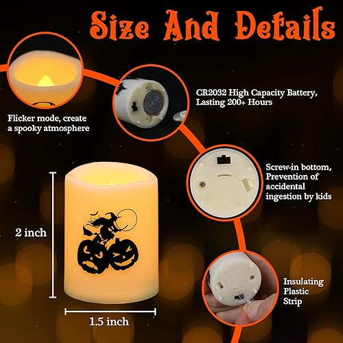 Miniatura 2 de Velas votivas de Halloween sin falma, más de 200 horas, velas LED parpadeantes con calcomanías de calabazas para decoración del hogar de Halloween,