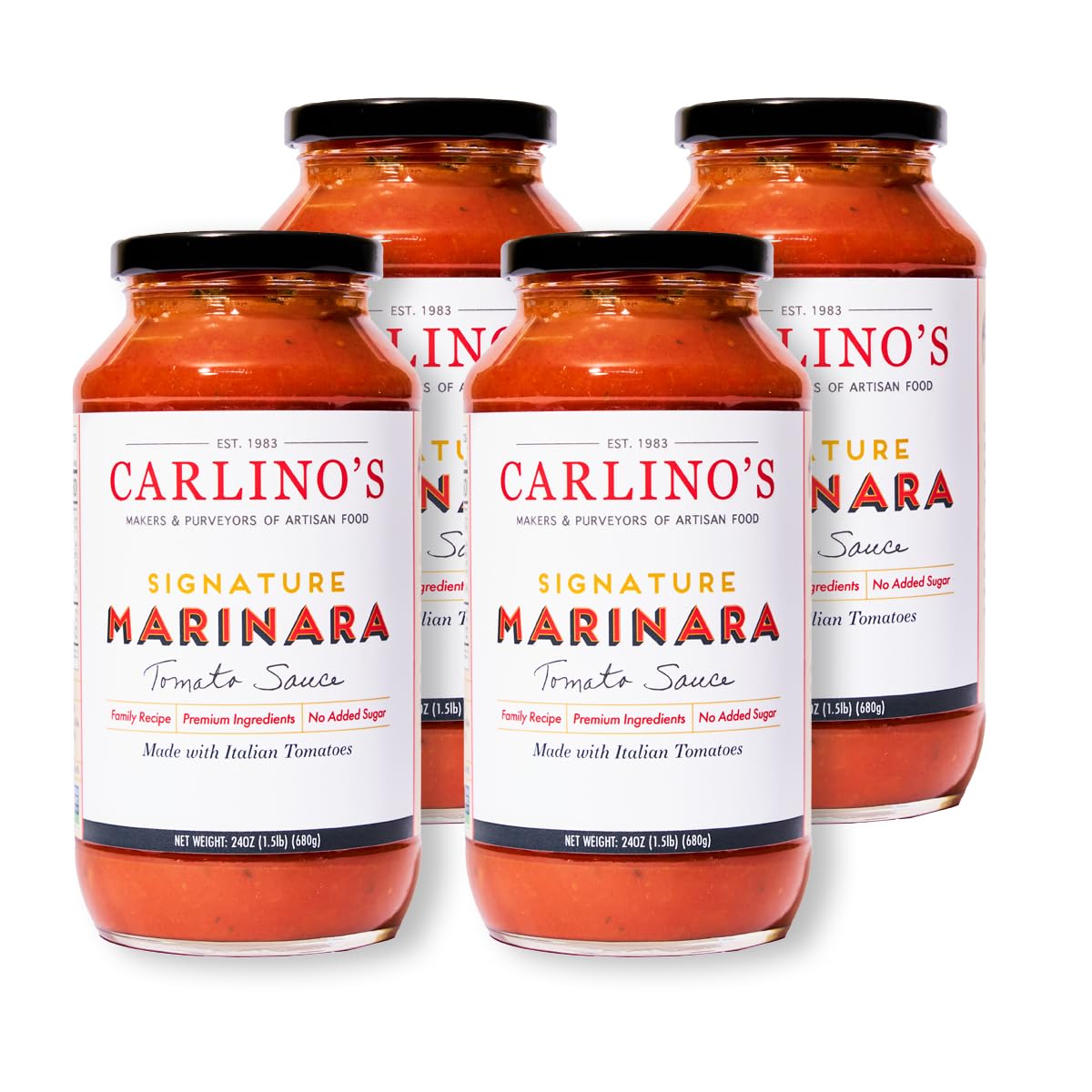 Carlino's Signature Marinara Sauce | Made with All-Natural Ingredients | Preservative Free | Vegan, Gluten Free, Low Sodium, Small Batch, 24 Fl Oz (Pack of 4)