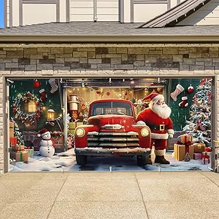 Christmas Garage Door Cover - Santa Claus and Vintage Truck Holiday Banner Decoration for 2-Car Garage Large Outdoor Christmas Decoration Festive Home Decor 7x16ft