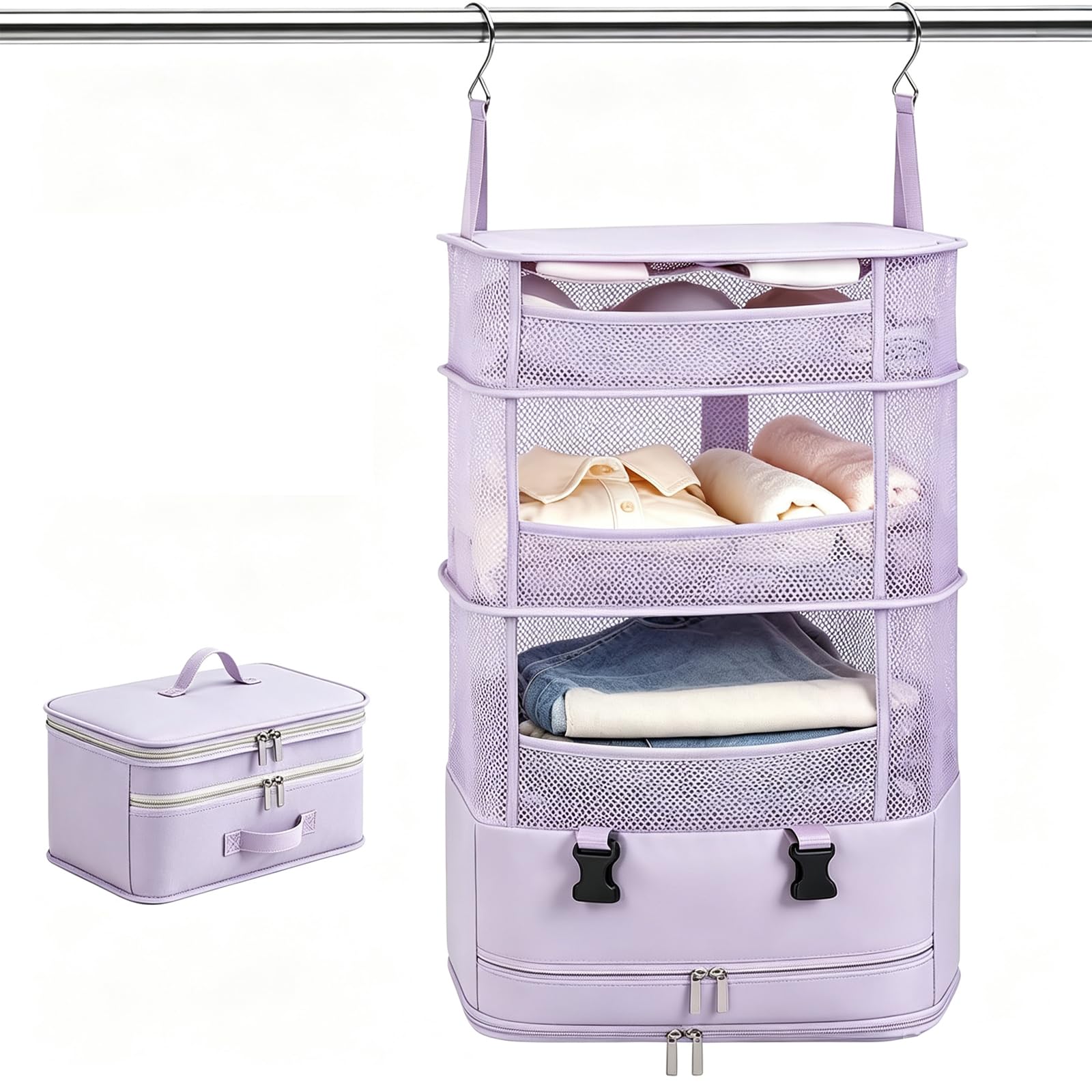 SUGODA Organizer per valigie, a 5 strati, organizer a compressione, da appendere, da campeggio, pieghevole, per bagaglio a mano, borsa per abiti da viaggio, per attività all'aperto