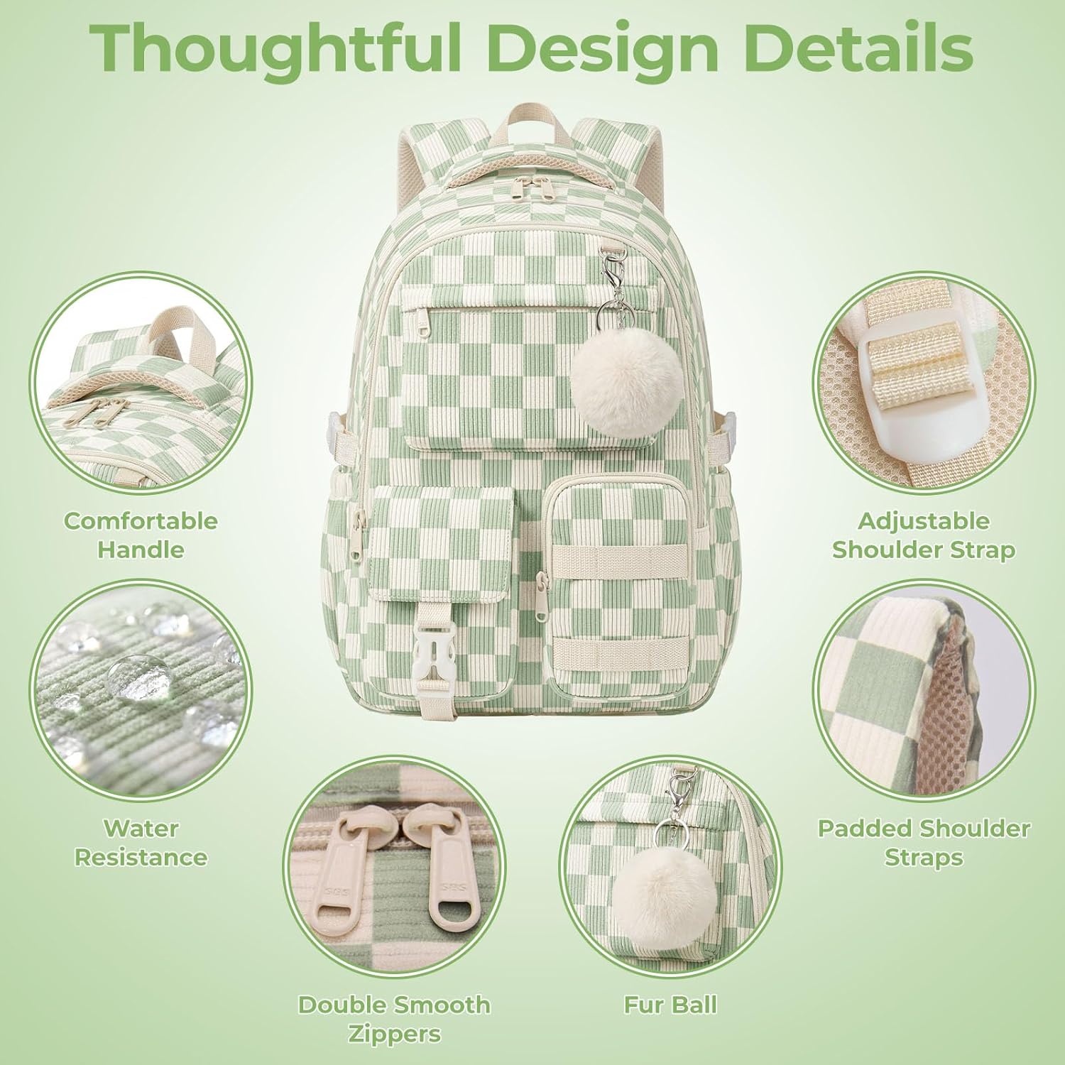 Corduroy Backpack for Teen Girls, Aesthetic Cute Green Gingham School Backpack with Multi-Pocket, Lightweight Bookbag Fits 15.6 Inch Laptop, Large Capacity Casual Daypack for School Travel