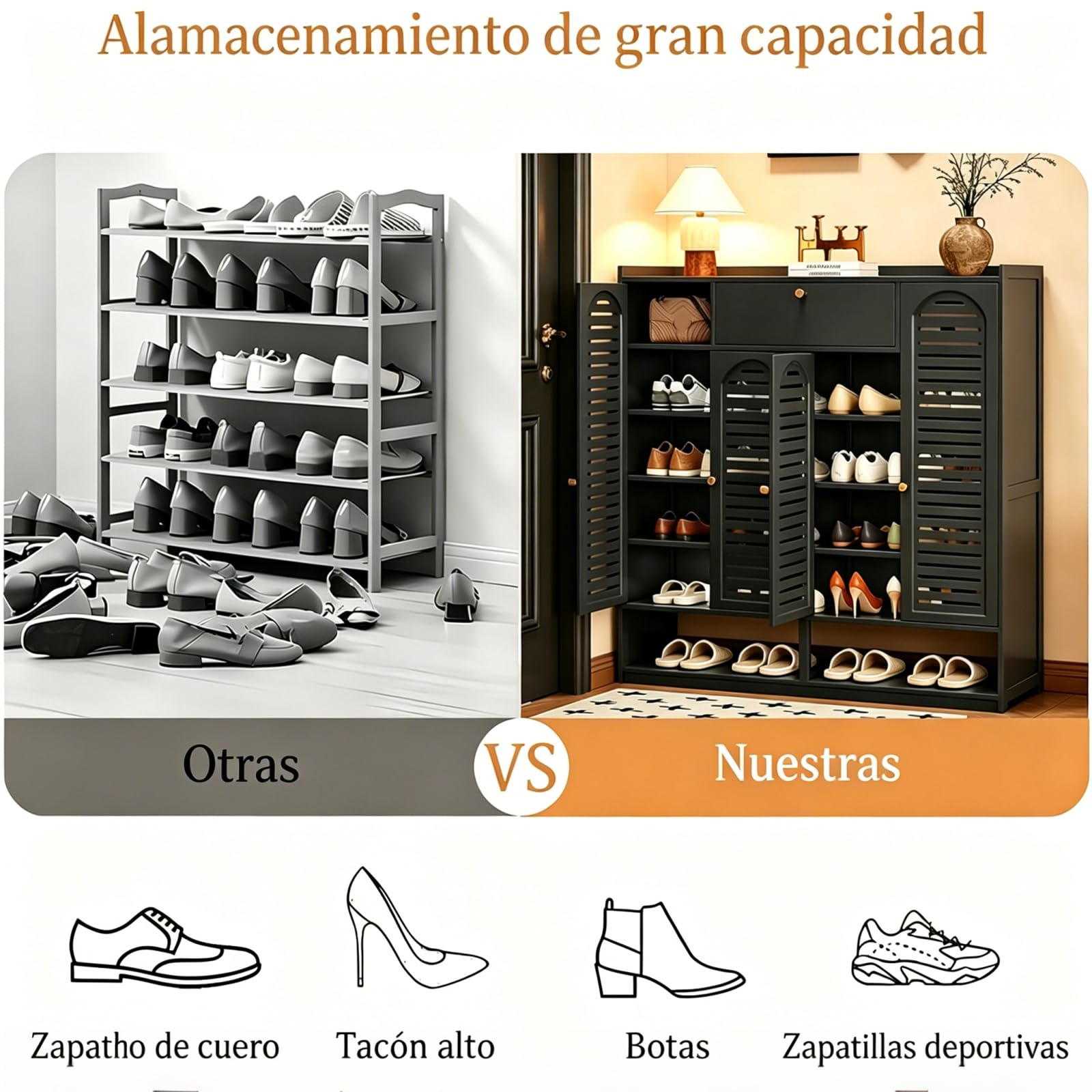 Zapatero de Bambú de 7 Niveles, Zapatero para Recibidor, Rran Zapatero con Puerta Enrollable, Zapatero Independiente con Estante Regulable, Ideal para Pasillo y Salón (Negro)