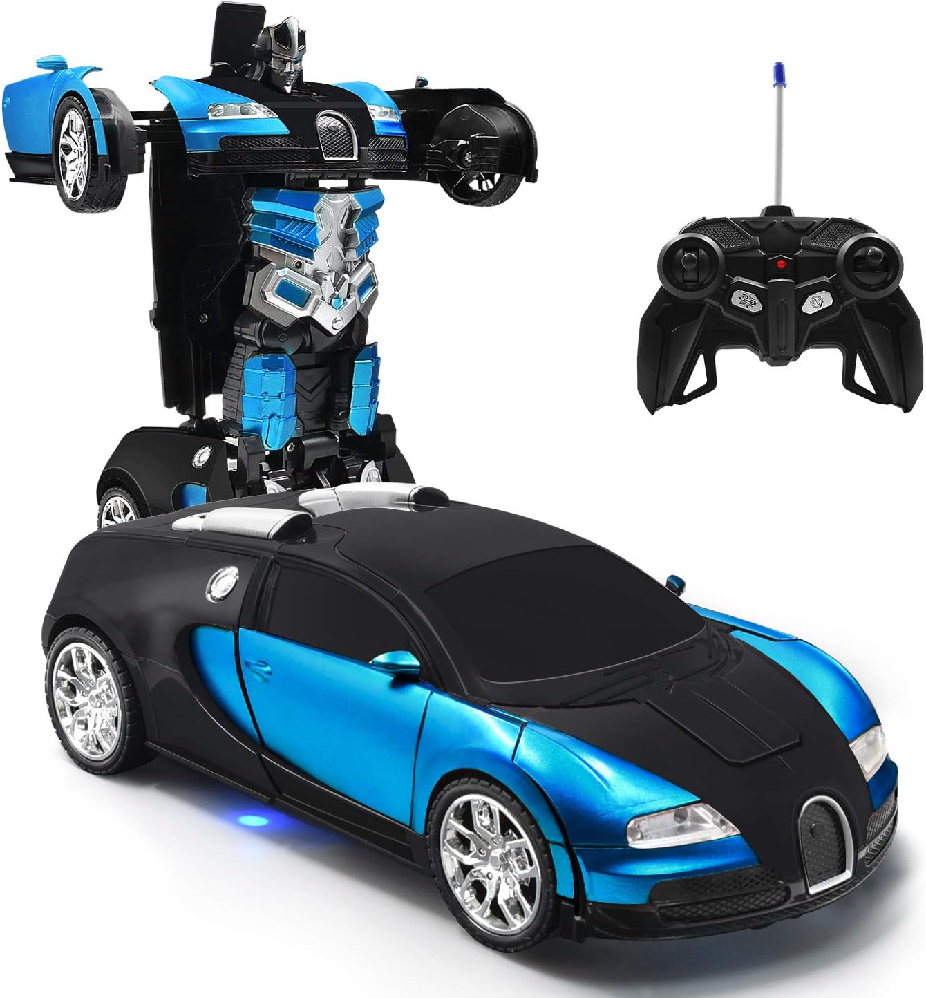 Olabeno Transform Car Robot Spraying Effect 360° Rotation Light 2.4 GHz RC Cars Robot Realistic Engine Sounds Remote Control Toy Car Best Gift for Boys Girls (Blue-Upgraded)