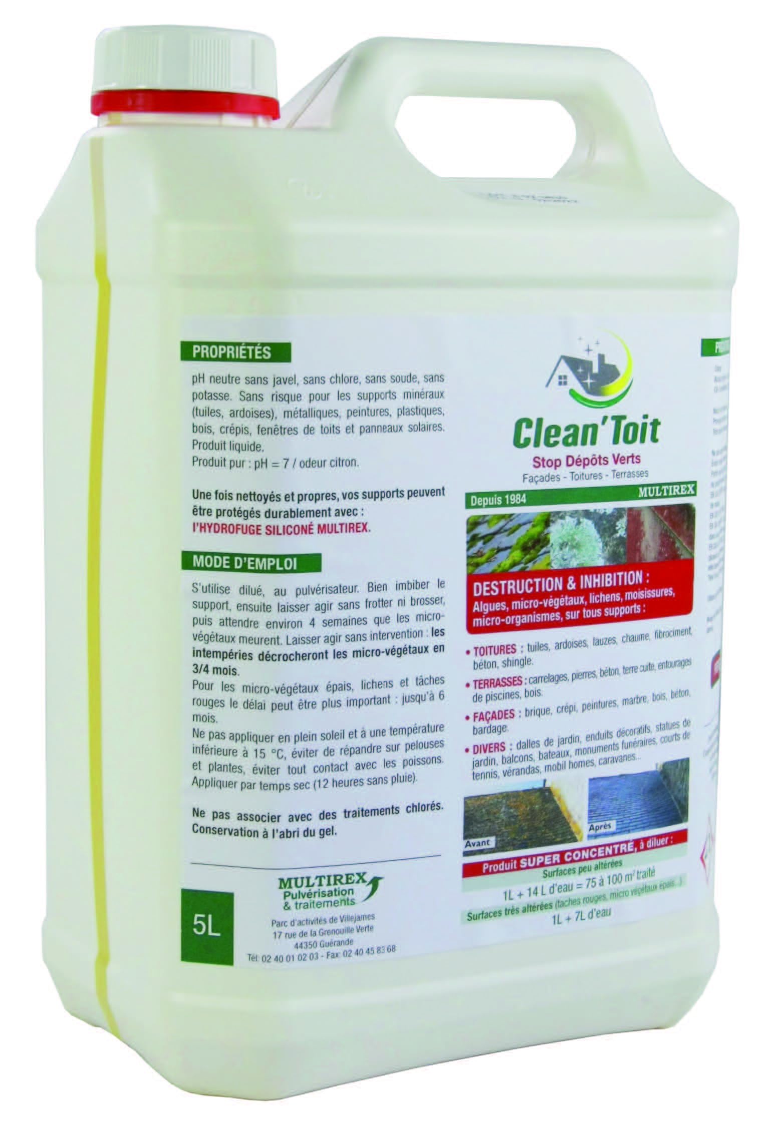 Multirex Antimousse 5 L sans javel, super concentré pH neutre, jusqu’à 500 m², toitures façades terrasses allées, élimine mousses algues lichens taches rouges, application sans rinçage
