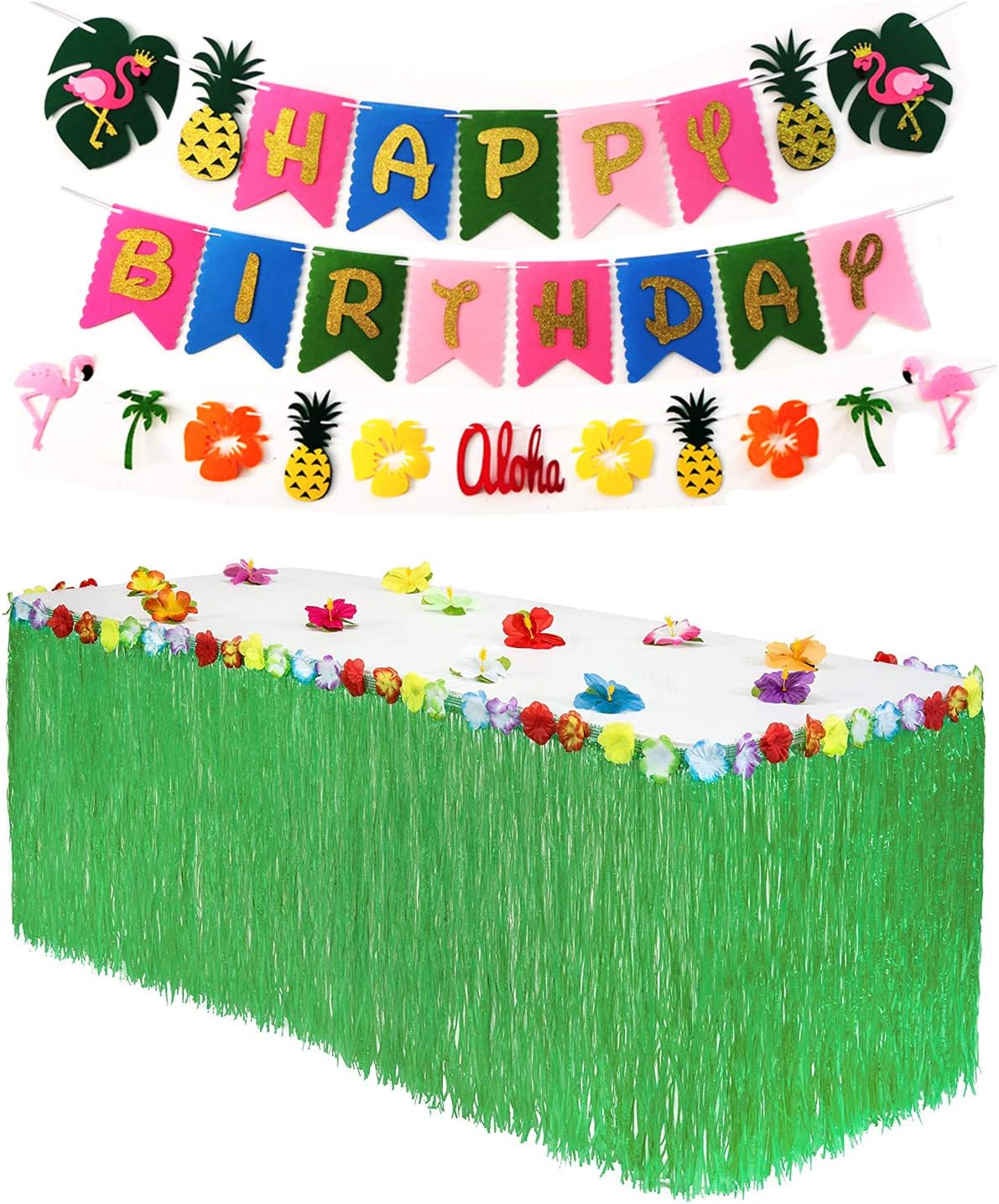 Hawaiian Luau Party Supplies - Large Grass Table Skirt, Flamingo Happy Birthday Banner, Tropical Pineapple Aloha Garland for Summer Beach Pool Garden Party Decoration