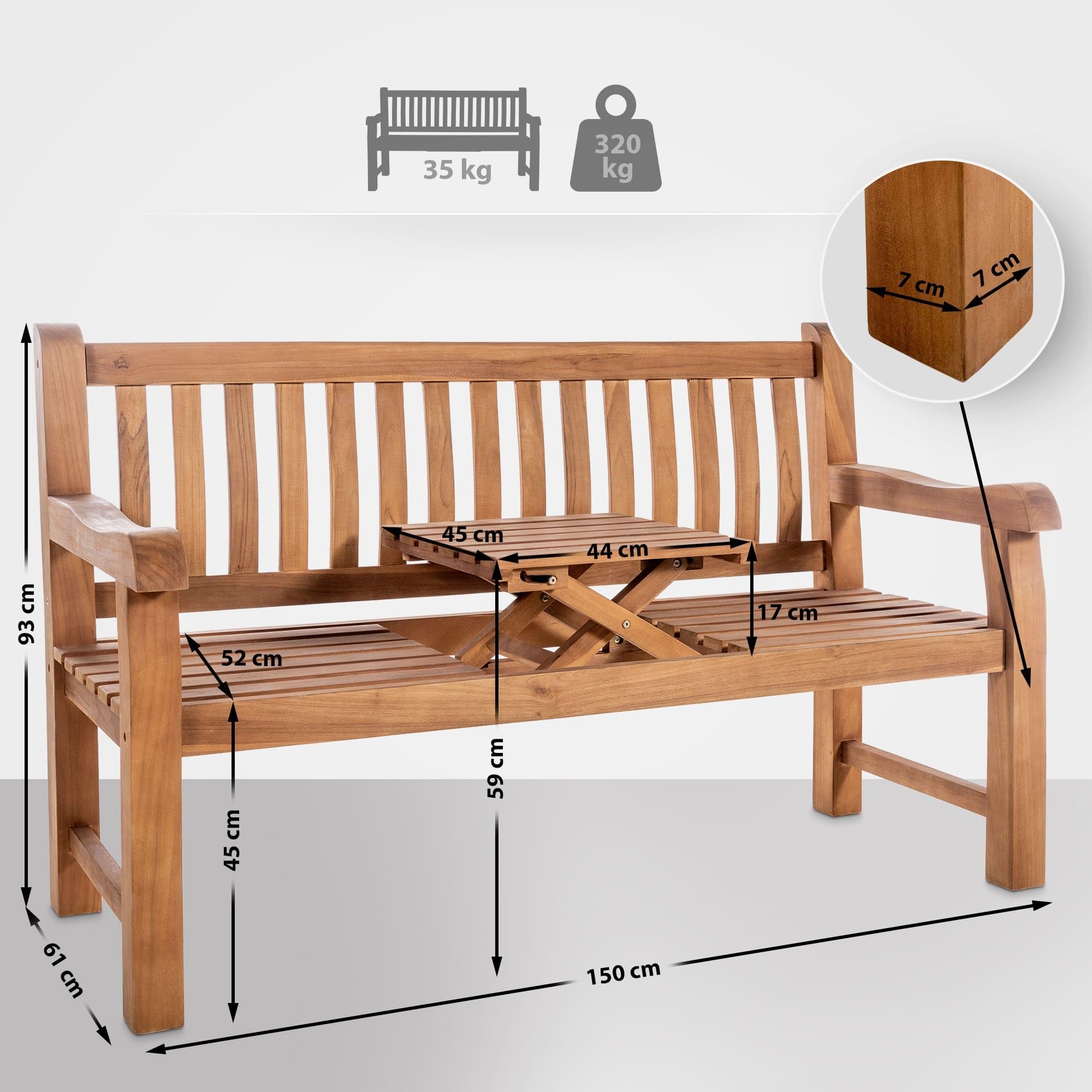 CLP Teakbank Orlando I Wetterfeste Gartenbank Mit Klapp-Tisch, Farbe:Teak, Größe:150 cm