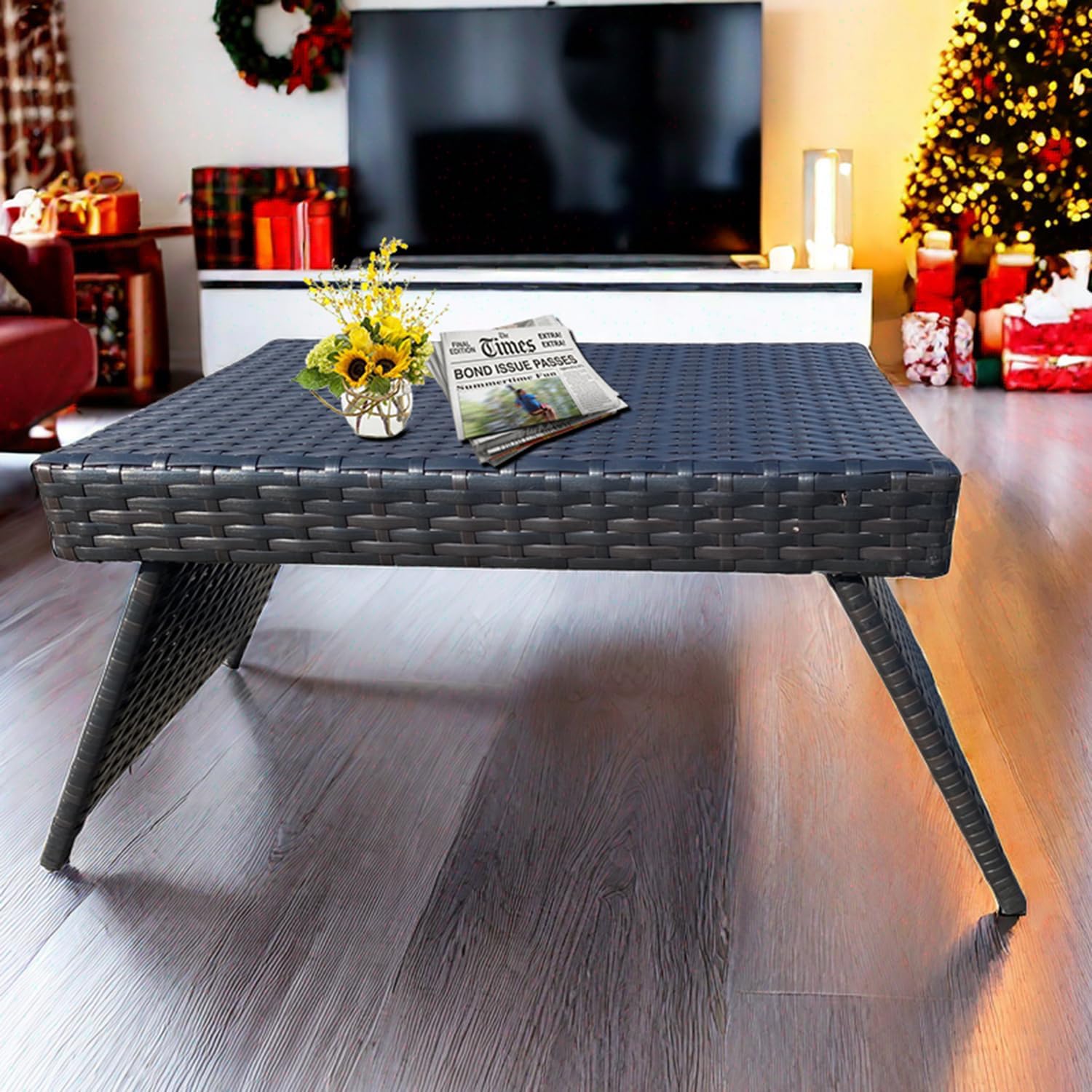 Outdoor PE Wicker Patio Coffee Table, Classic Hand-Woven Rattan Side Table Waterproof for Garden Porch Backyard, 23" D x 16" W x 16" H Mixed Brown