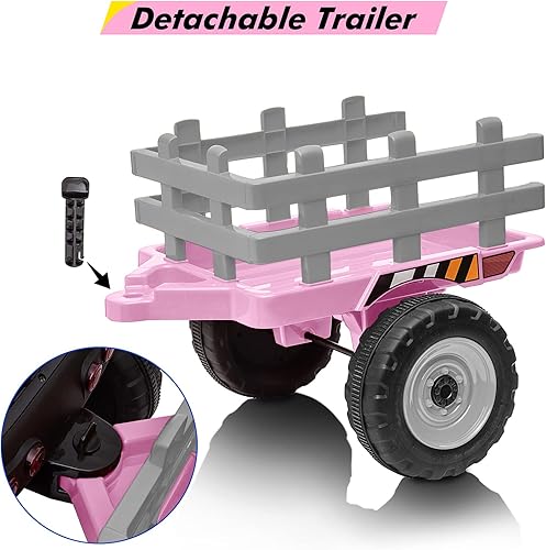 Miniatura 8 de Tractor de 12 V con remolque y control remoto, vehículo eléctrico para niños pequeños con faros LED, cambio de marchas 2+1, reproductor de MP3, USB,