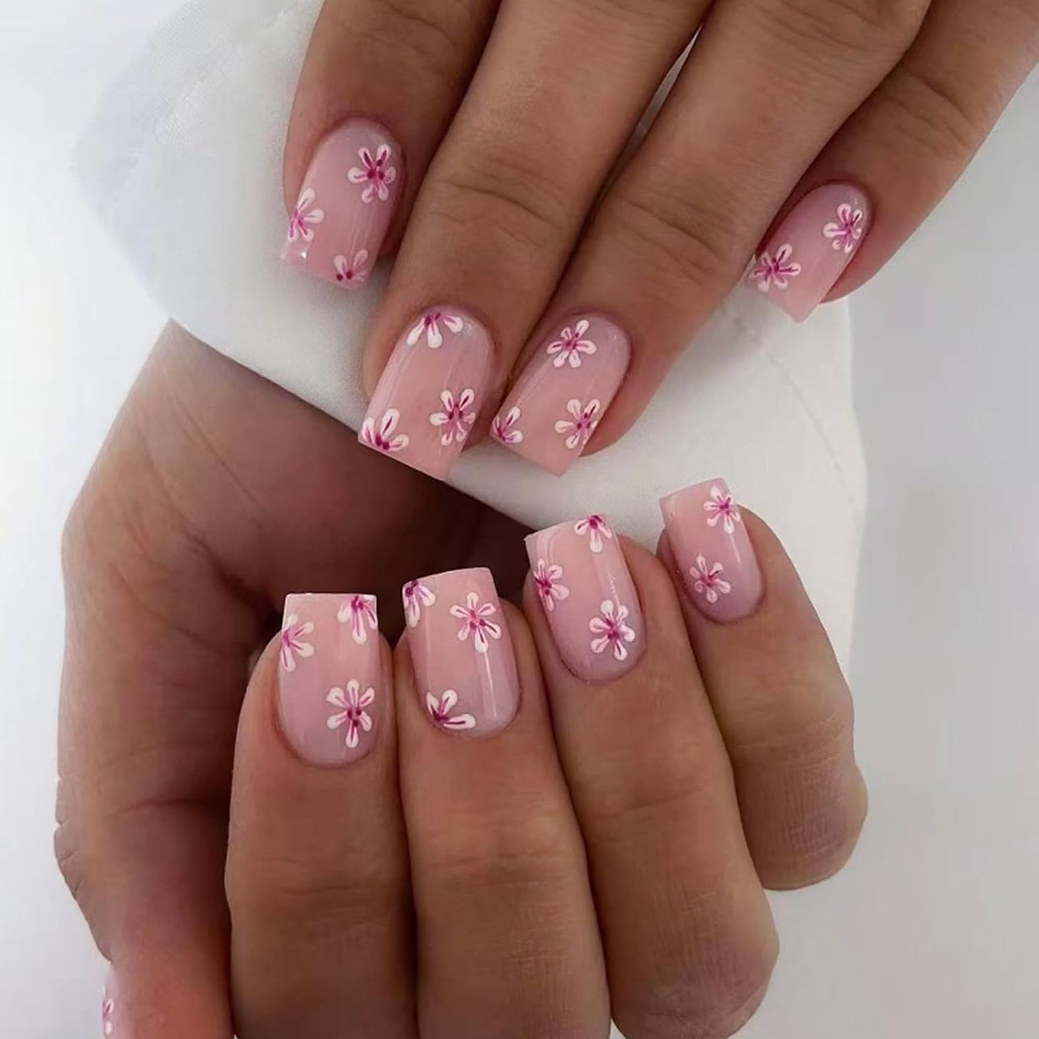 Pink Press On Nails, Medium Square White Daisy Floral Design for Women