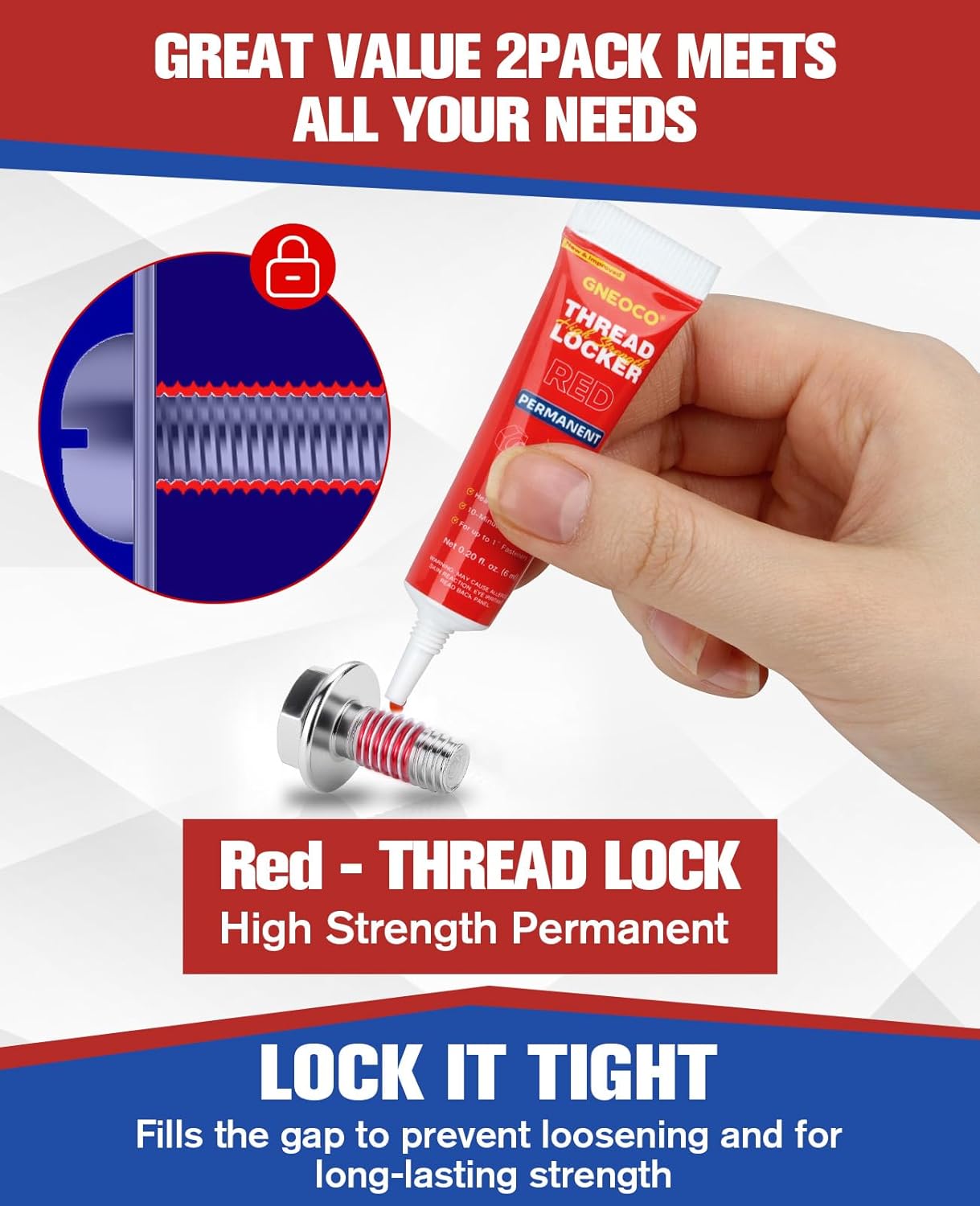 2 Pack Thread Lock Red 6mlx2, Threadlocker High Strength, Thread Locker for Nuts, Bolts, Fasteners and Metals, Anaerobic Curing Screw Glue to Prevent Loosening (Red (Permanent) 6ml*2)