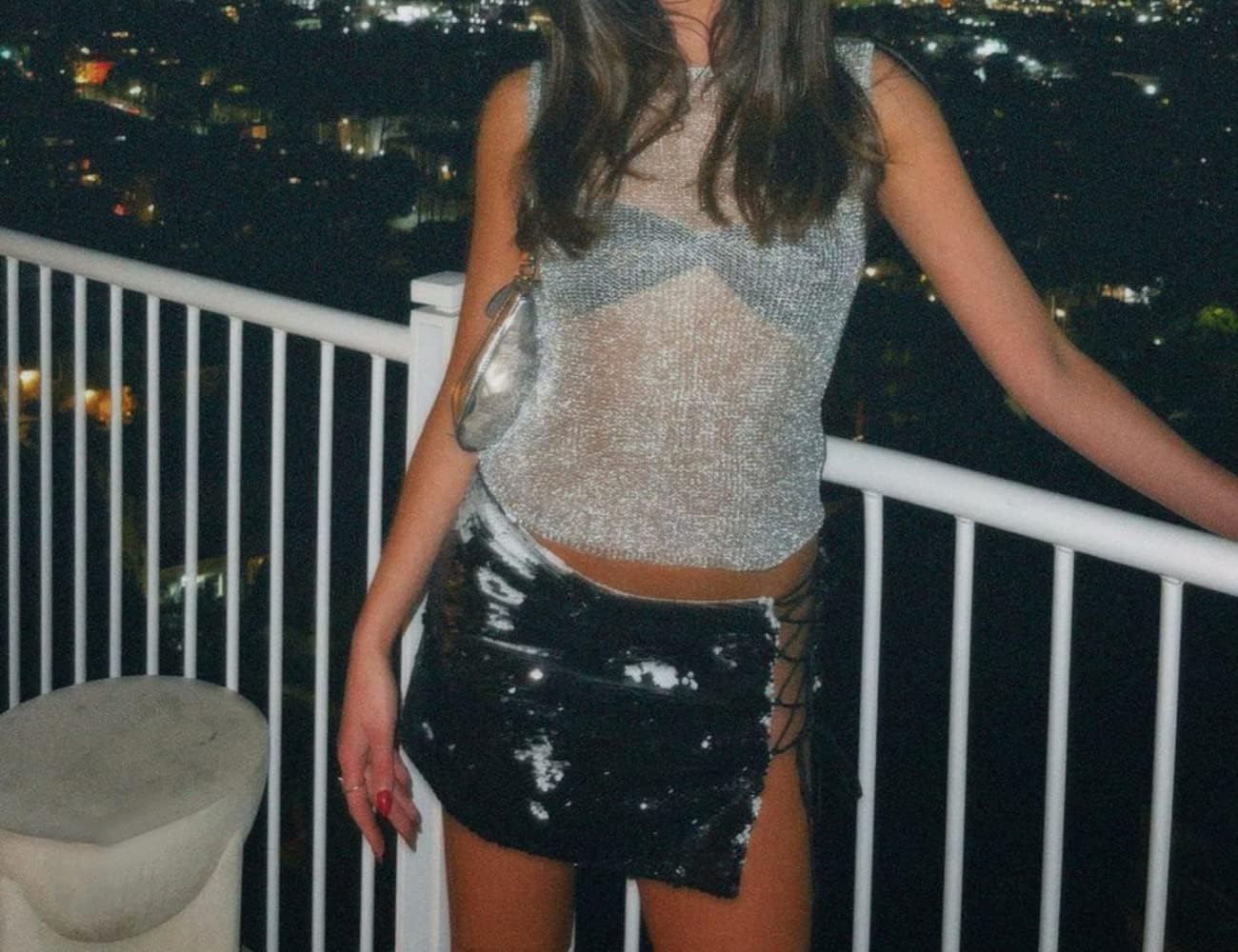 PICPUNMAK Women Sexy Fishnet Knit Glittering Crop Tank Sheer Mesh Crew Neck Sleeveless Solid Slim Cropped Shirt Tops Silver - Image 7