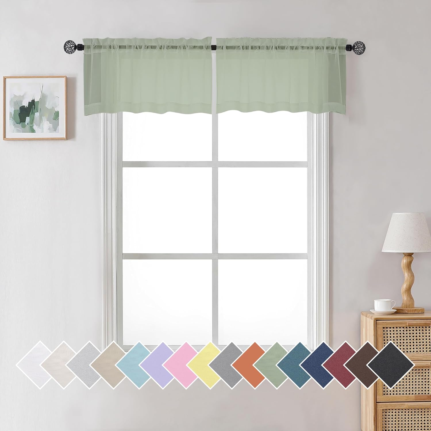 Aiyufneg 2 Panels Sage Green Sheer Valance Short Fresh Sheer Curtain