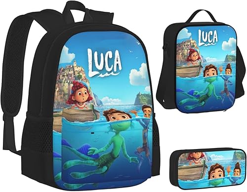 Miniatura 8 de Luca Movie - Juego de 3 mochilas de dibujos animados para laptop, bolsa de almuerzo portátil, estuche impreso, estuche para lápices, bolsas de viaje