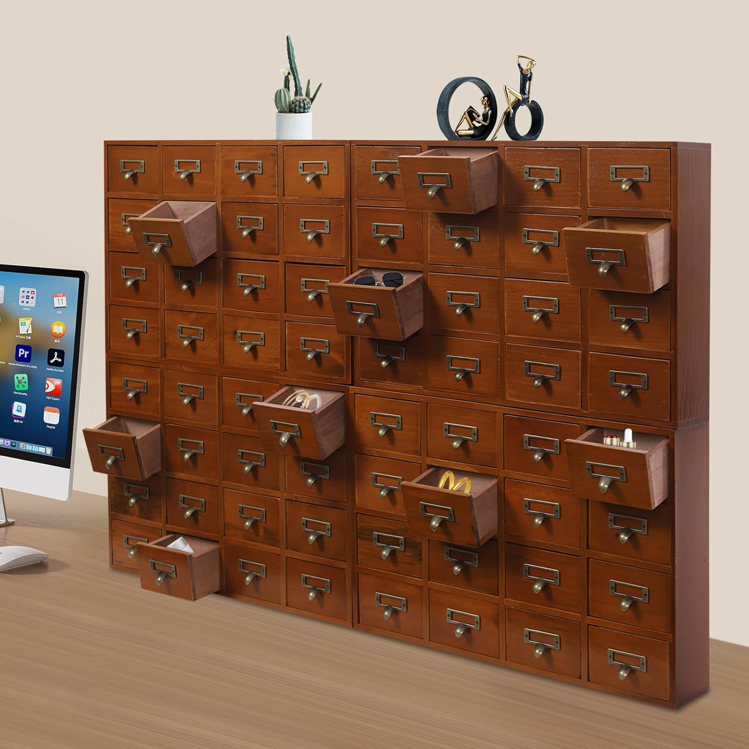 64-Drawer Apothecary Cabinet, Brown Pine Wood, Traditiona Apothecary Drawers, Vulti Level Countertop Arts Library Card Catalog Cabinet (4-Pack, 19.69x13.78in Each)