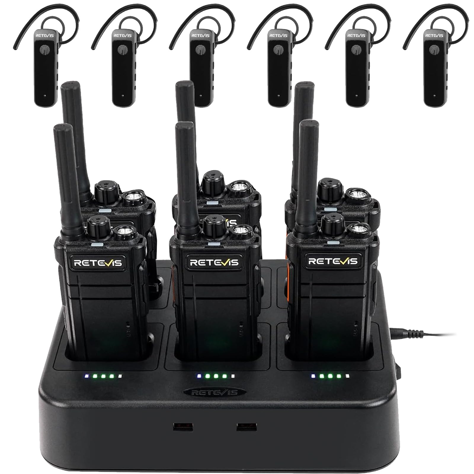 Retevis RB37 Bluetooth Walkie Talkies,Bluetooth Two Way Radio Earpiece,Flashlight,2000 mAh&120h Standby,Multiple Protection 6 Way Charger,Type-C,9-Level VOX&Squelch,for Security Hospital Retail(6Pack)