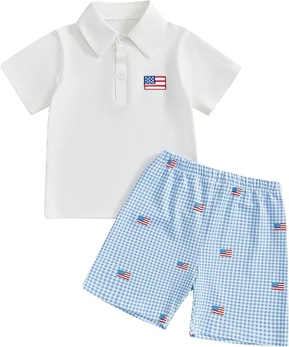 ZyHwShine Toddler Baby Boy 4th of July Outfit American Flag Short Sleeve Button 