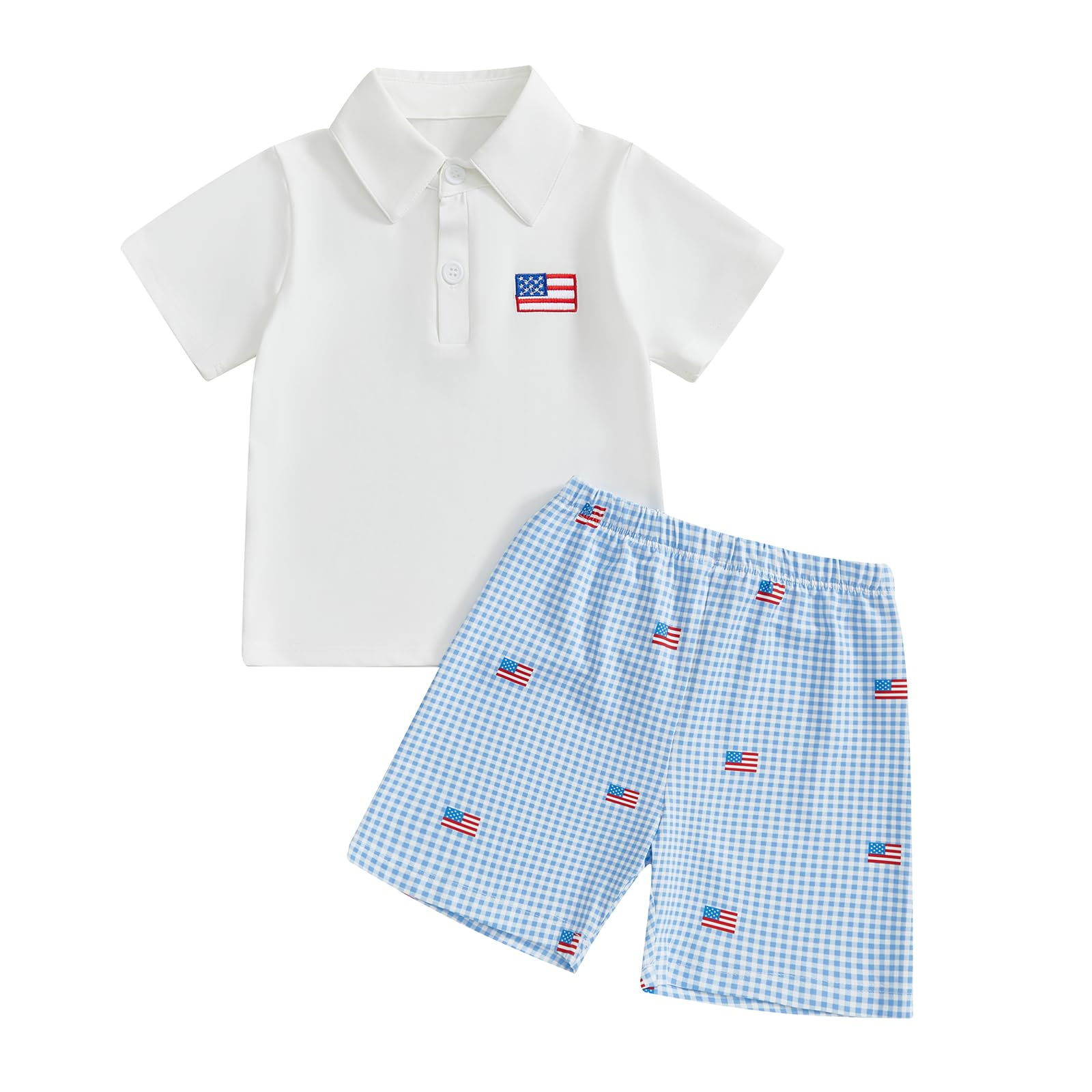 Boys 4th of July Outfit Toddler Polo Shirt American Flag Shirt Plaid Shorts Set Toddler Boy 4th of July Outfit(B-White Flag,4-5T)