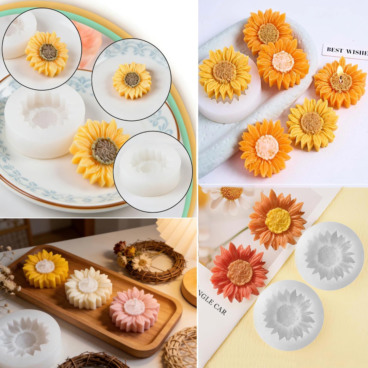 6PCS Sunflower Flower Silicone Candle Mold, Moldes para Velas,3D Flower Fondant Chocolate Cake Cupcake Topper Decoration Silicone Mold for Candles,Handmade Soaps,Bath Bombs,Lotion Bars,Resin Crafts