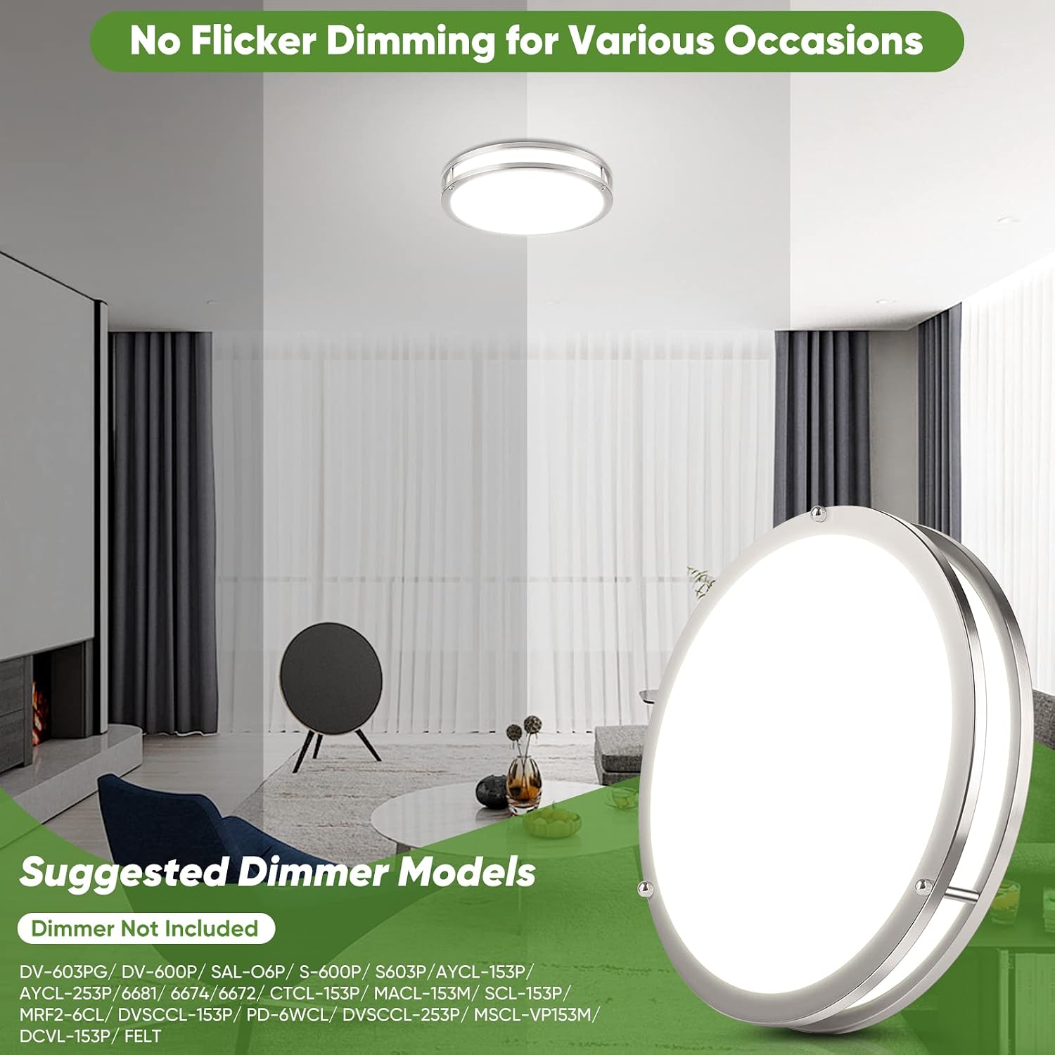 Condition photo showing New/Like New for 36w led flush mount ceiling light fixture, 13inch led ceiling light 3600lm, modern ceiling light 2700k/3000k/4000k/5000k/6500k 5cct, brushed nickle dimmable ceiling lamp for living room kitchen,1 pack brushed nickle-5cct-1 13 inch