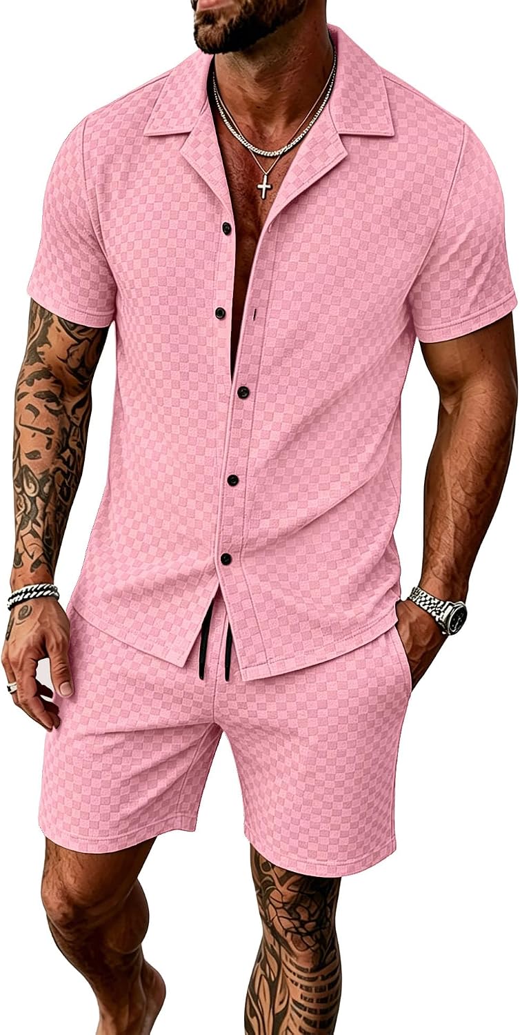 UOUA Mens Velour Tracksuit 2 Piece Outfits Short Sleeve Button Down Shirt and Shorts Sets Casual Sweatsuits