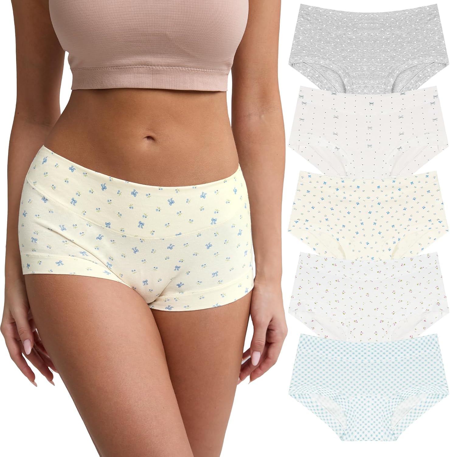 Women's Cotton Boyshorts 5-Pack Mid Rise Boxers Briefs Full Coverage Soft No-Roll Underwear (S-3XL)