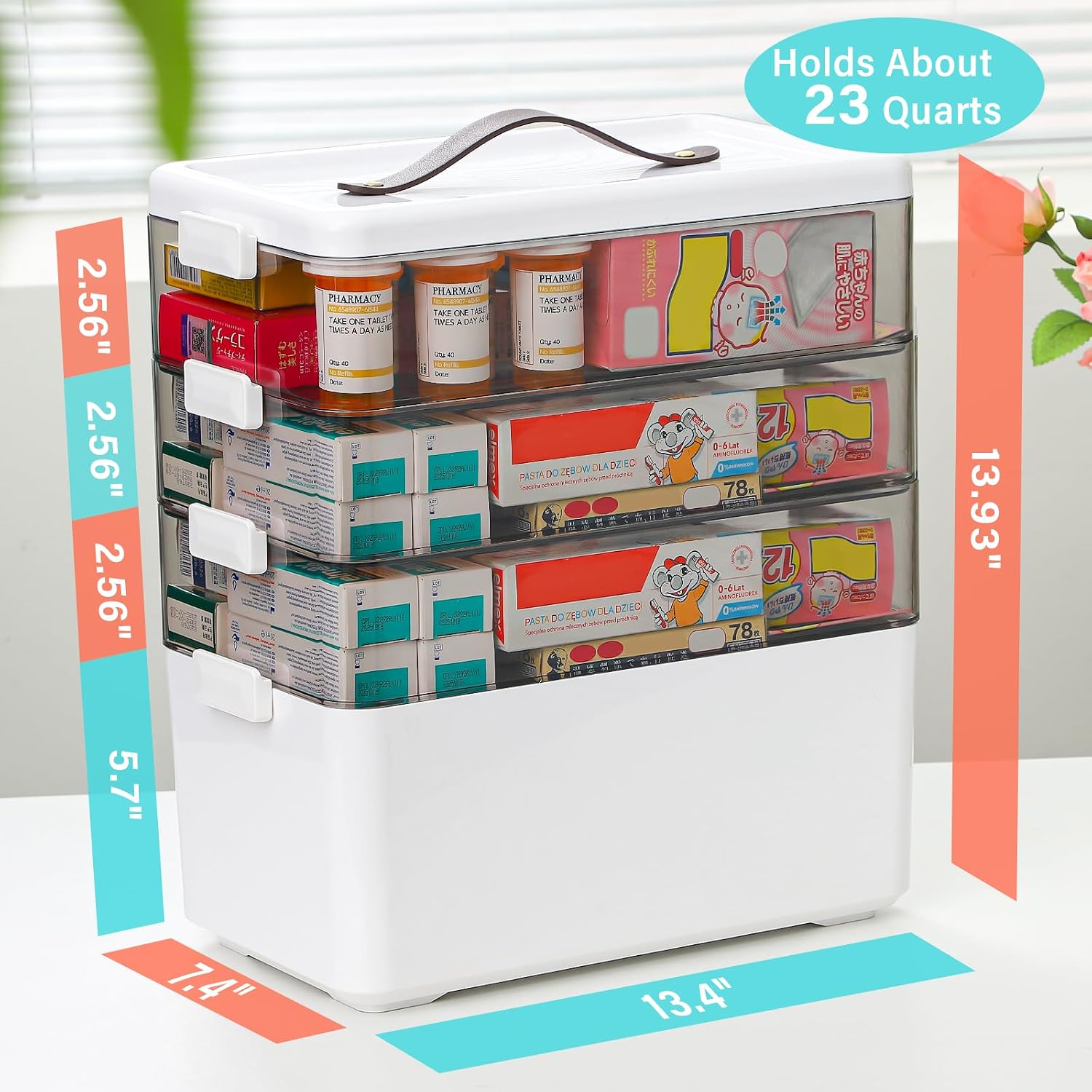 Homaigie Extra Tall 4-Tier Medicine Cabinet Organizer for Medicine Bottles Organizer, Portable Medicine Storage Box with Leather Handle, Empty First Aid Kit Container for Home, Classroom image 2
