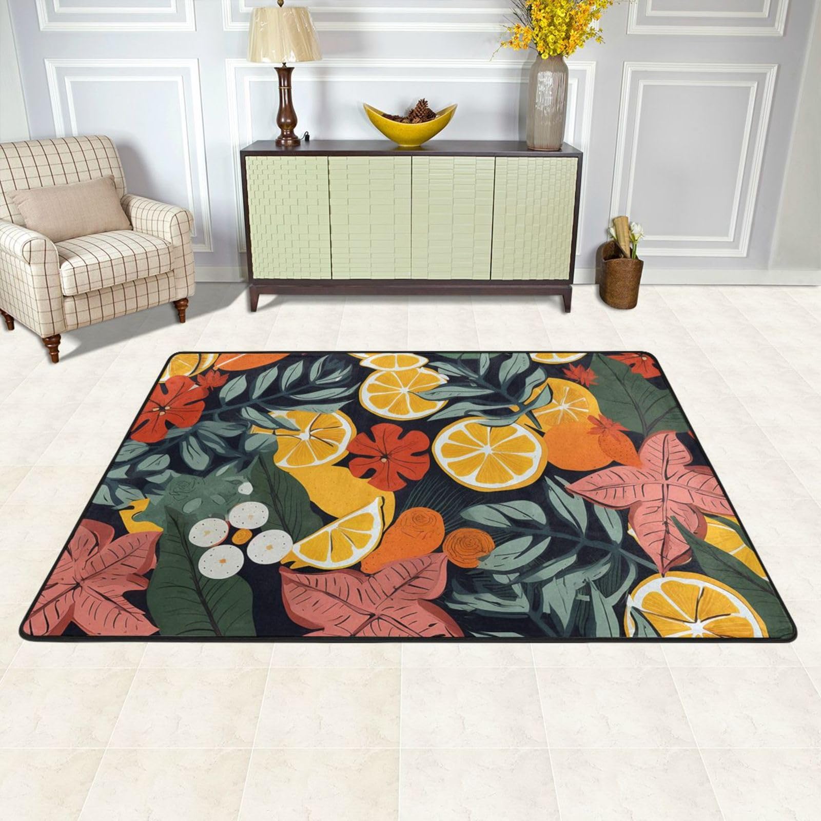 Tapis de sol antidérapant feuilles tropicales et citrons lavable 91x61 cm