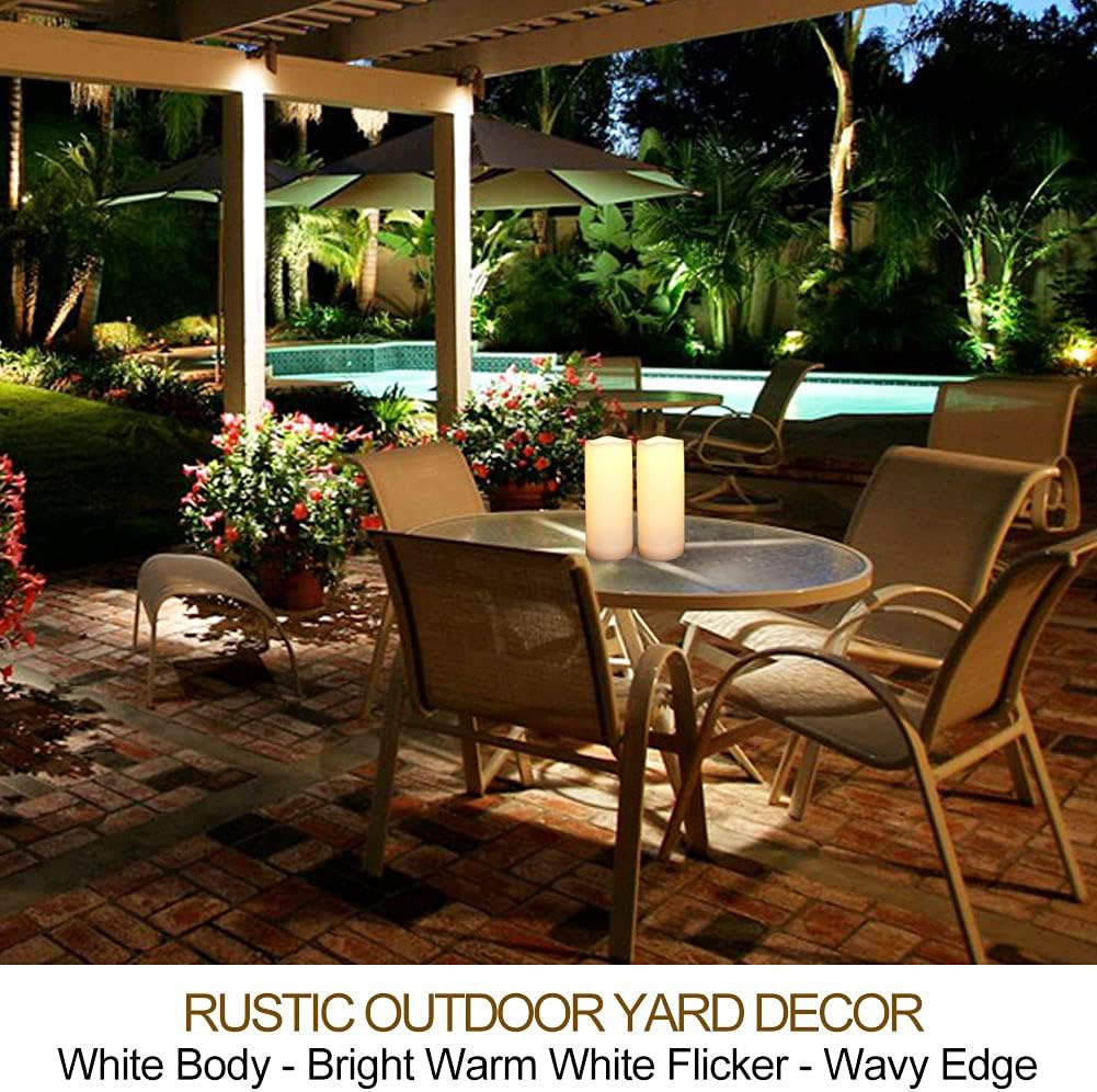 Pack of 2 Outdoor LED Pillar Candles 3x7 White with Timer and Remote - IP65 Waterproof Battery Operated LED Pillar Candles - Flickering Flameless Candle Unscented for Outside