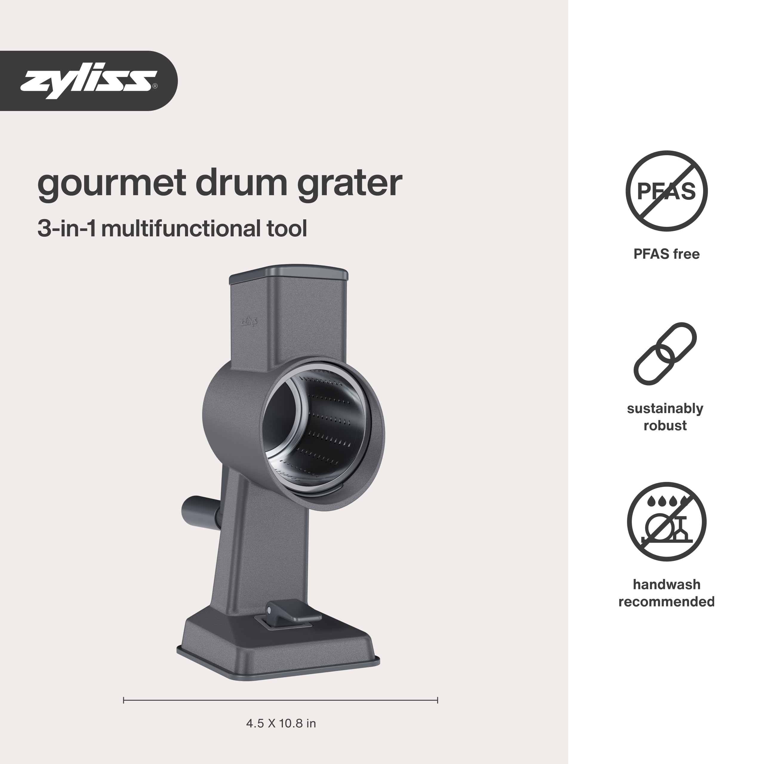 Zyliss Alu Trommelreibe Set, Käsereibe mit Kurbel, Gemüsereibe mit 3 Trommelklingen/Trommelblättern, Gemüseschneider, 5 Jahre Garantie