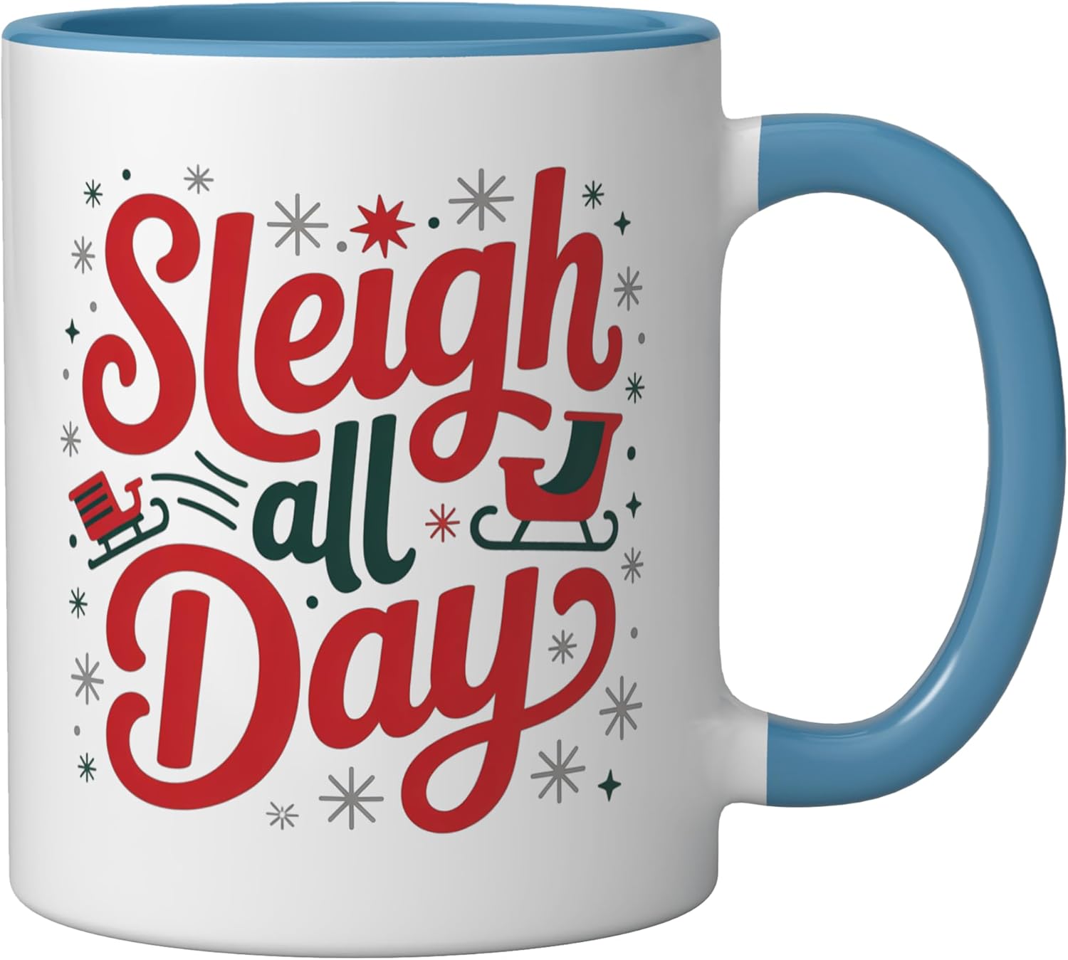 Sleigh All Day Holiday Fun for Christmas & Coffee Lovers Ceramic Mug, Blue/White - Image 2