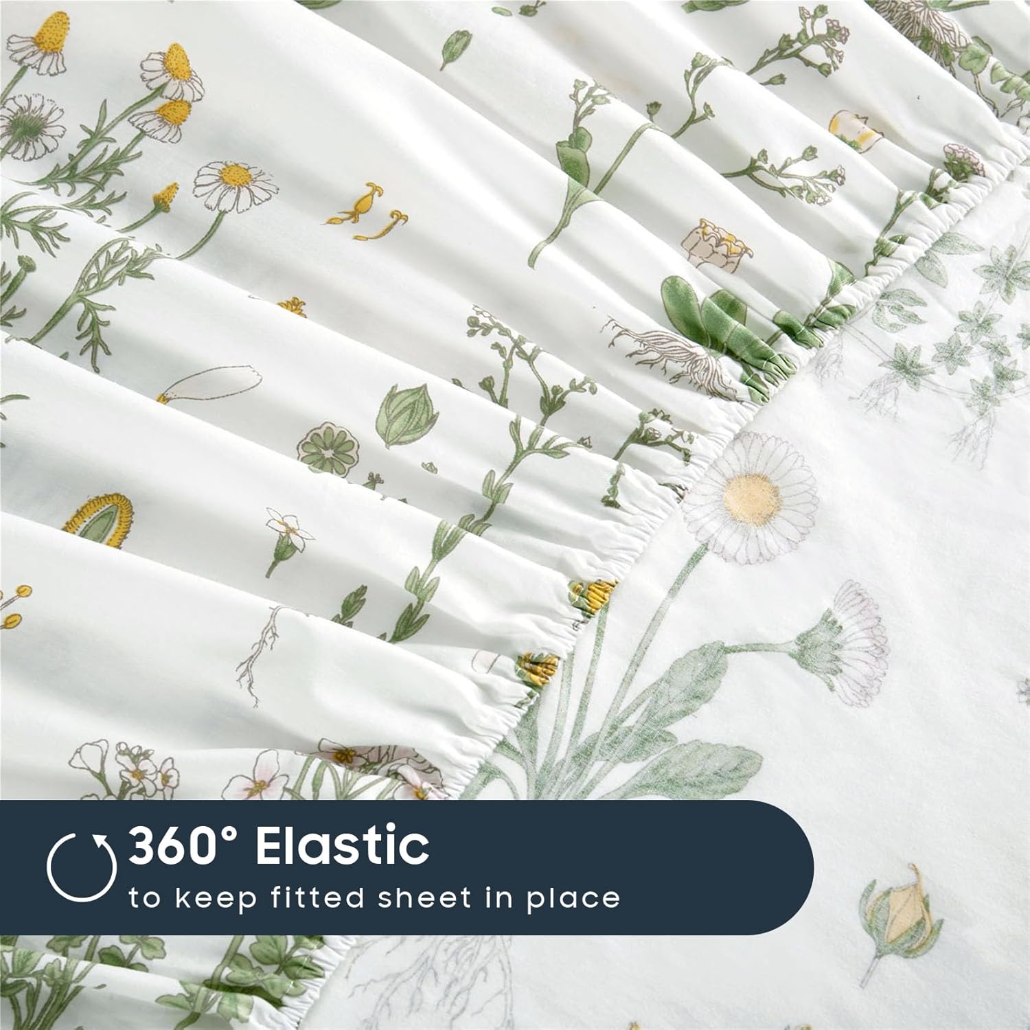 Wake In Cloud - Floral Bed Sheets, 4-Piece Sheet Set, Cute Botanical Shabby Chic Coquette Cottagecore Flower Pattern Printed Bedding, Deep Pocket, Yellow Green, Queen Size