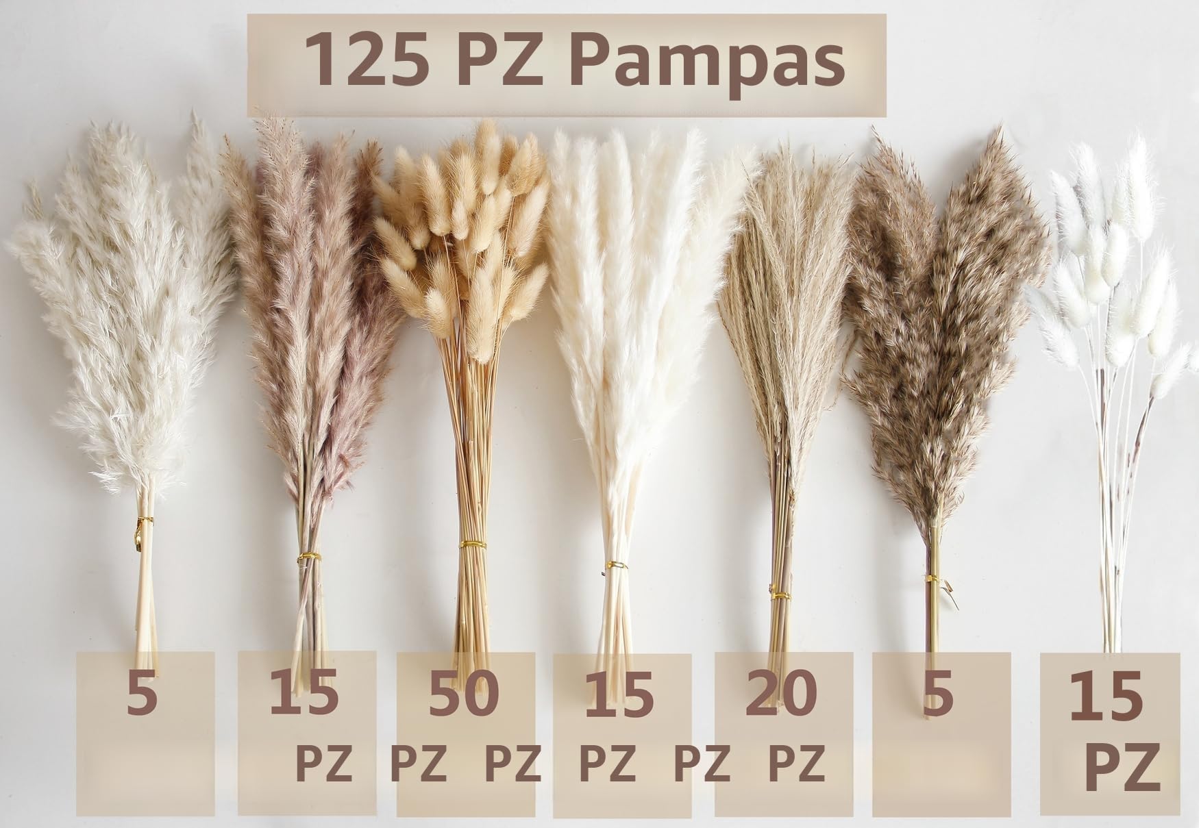 Bouquet di Erba di Pampas Secca 125 Pezzi, Fiori Secchi di Coda di Coniglio, Decorazione Boho per Matrimoni e Casa