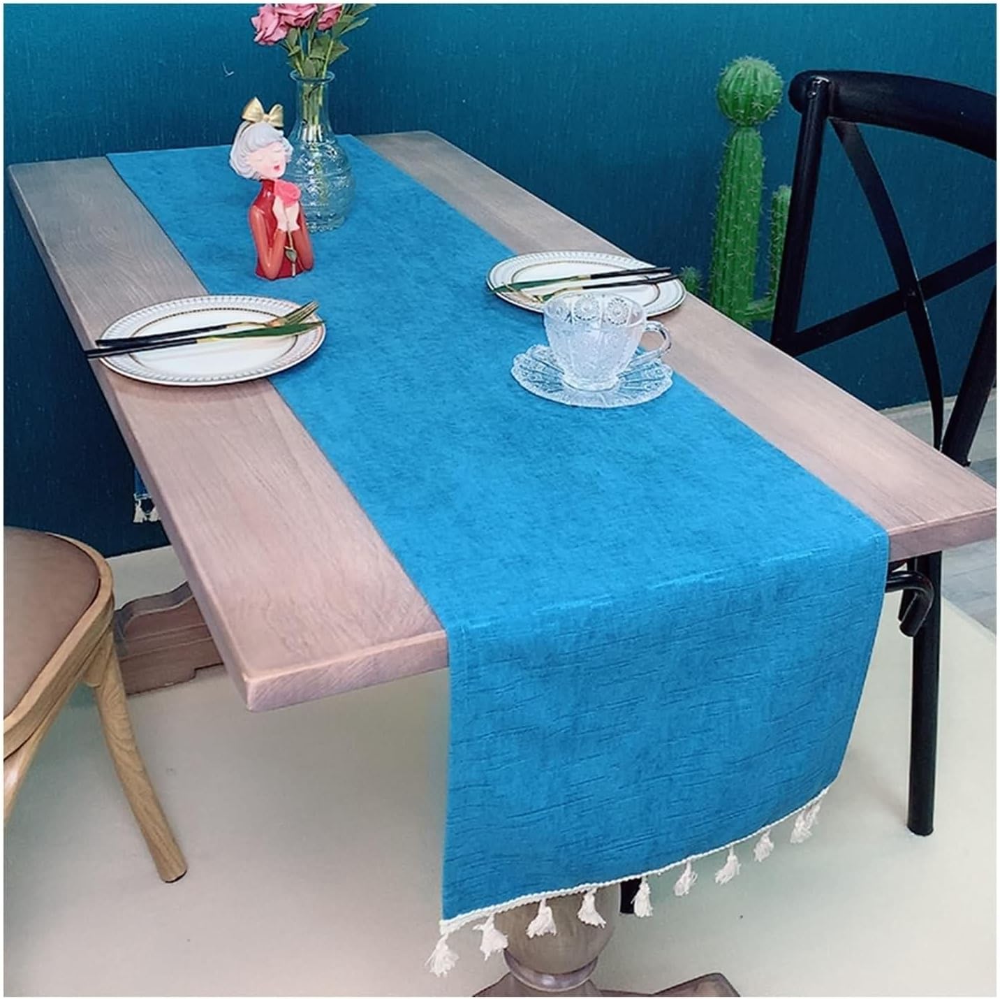 Coffee Table Runner Decorative,14" x 59",Solid Color and Tassels Polyester Table Runner Dining Table Runner Blue