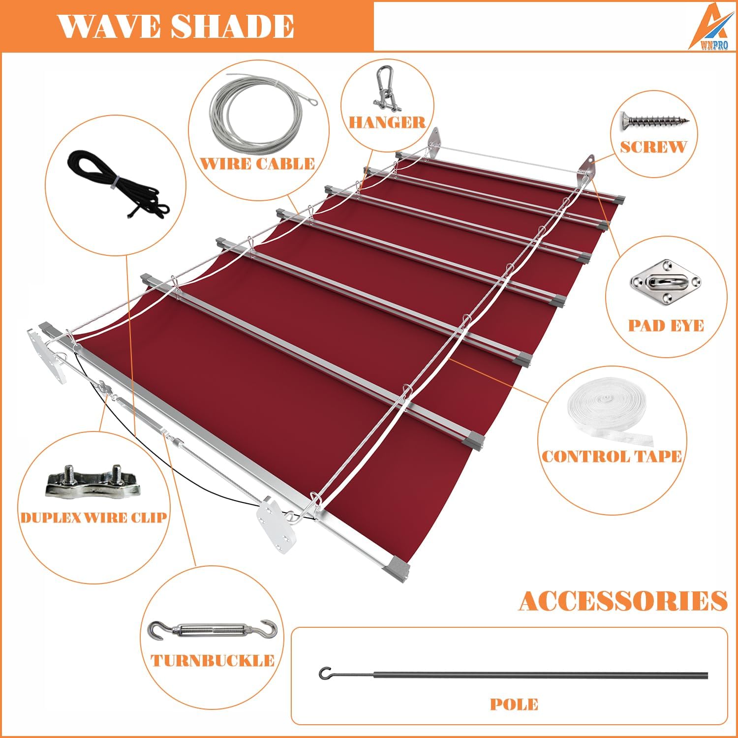 4' x 36' Red Waterproof Retractable Wave Awning Cover, Replacement Pergola Waterproof Awning, Slip Rope Retractable Waterproof Shade Sail for Outdoor Gardens, Patios, Decks and Gazebos