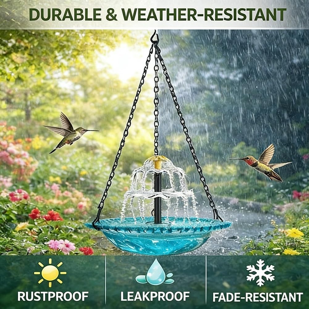 Solar Cascade Hanging Bird Bath Fountain Outdoor Hanging Birdbath with Solar Pump Large Glass Bowl Hummingbird Baths Fountain Water for Patio Yard Balcony Tree Backyard Garden Decor Gift