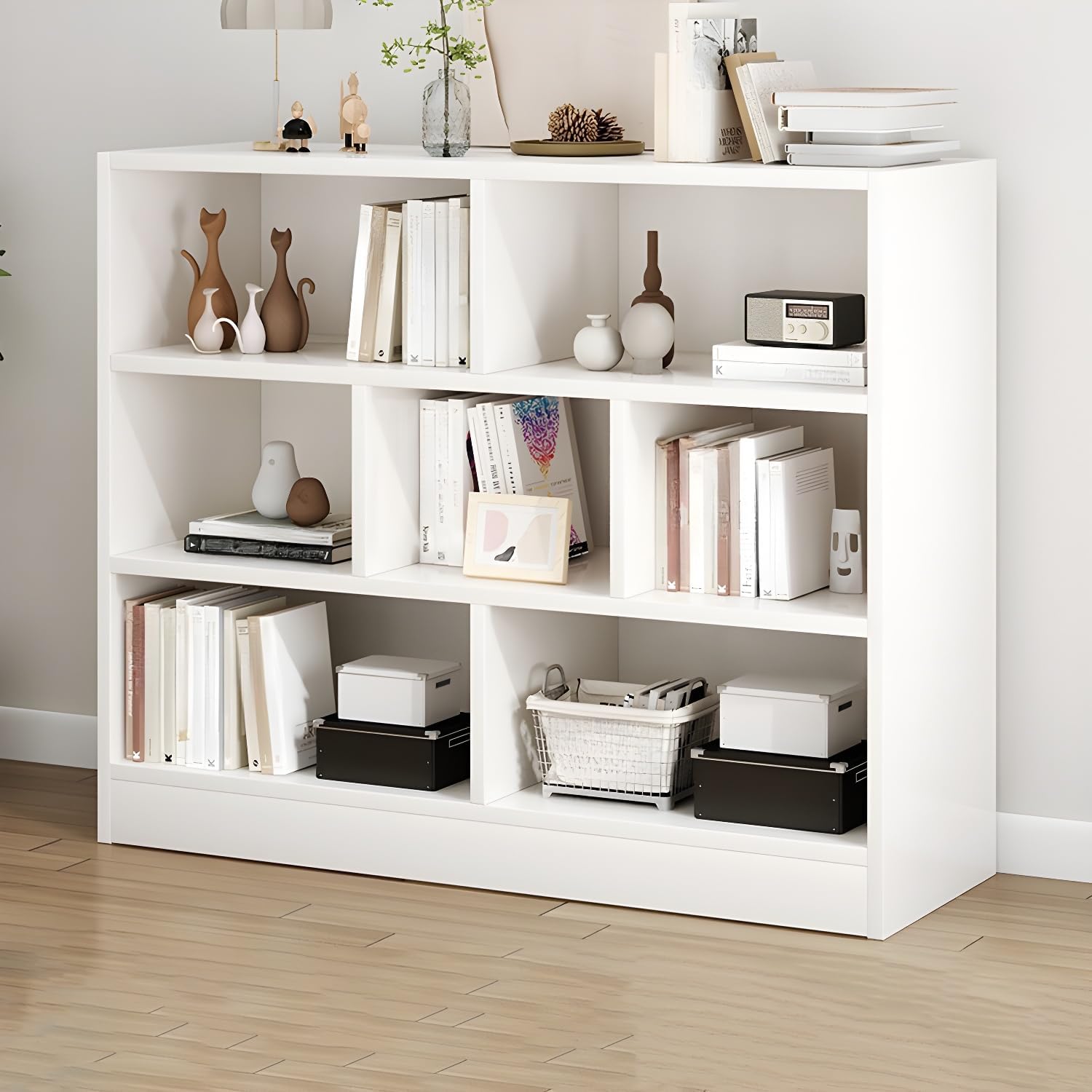 LITFAD Wood Modern Cube Bookcase with Closed Back and Multiple Shelves Floor Storage Cabinet for Home Office Study Room Library - White 31.5" L x 9.1" W x 39.4" H