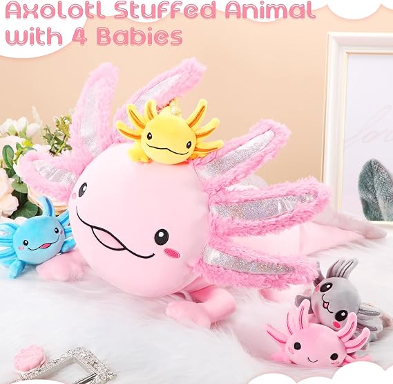 Aoriher 5 Pcs Axolotl Plush Toys 24 Inch Mommy Axolotl Stuffed Animal with 4 Cute Plush Babies in Belly Soft Cuddly Plushie Christmas Birthday Gifts for Kids Girls Boys Room Decor(Pink)