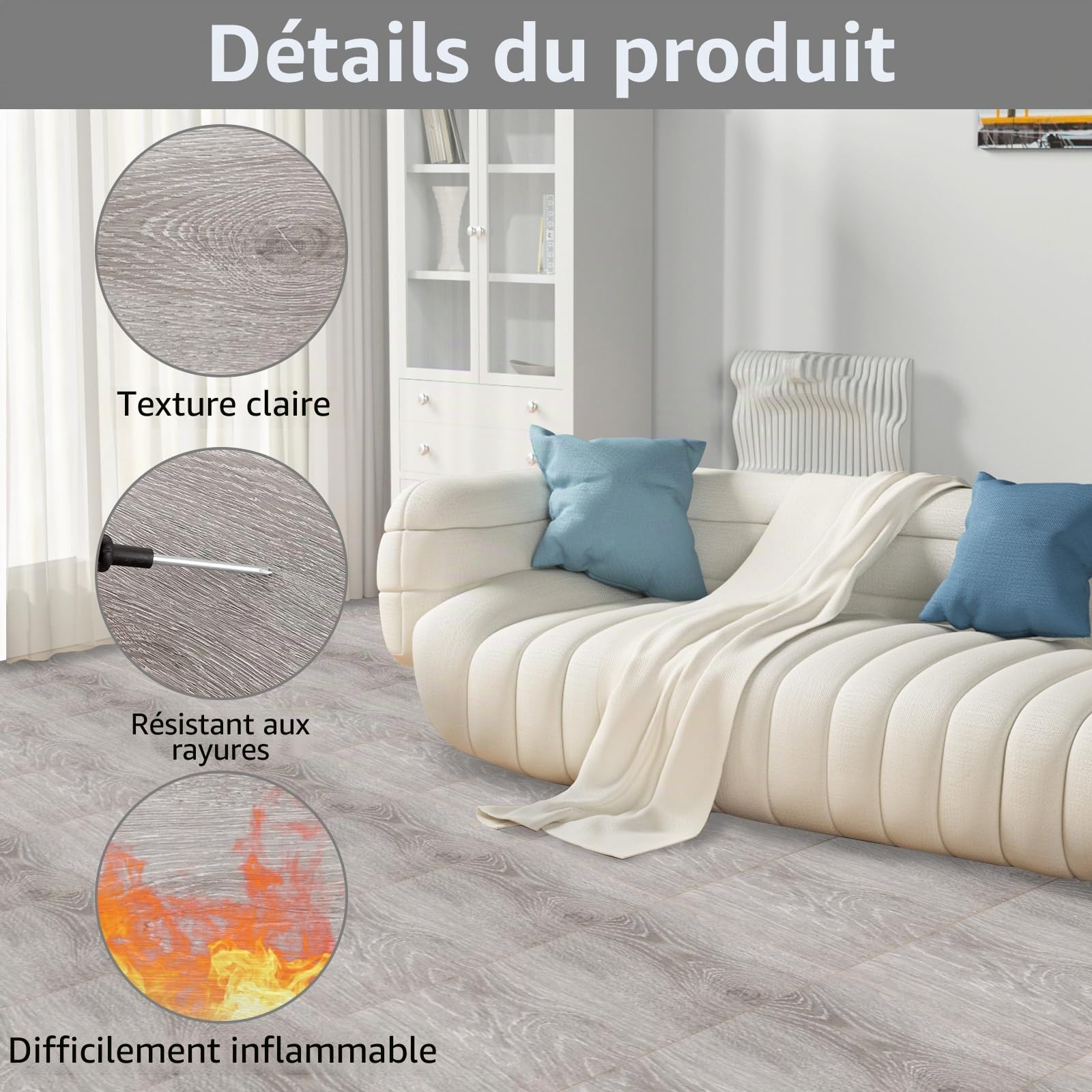 Lot de 40 revêtements de sol en PVC - 30 x 30 cm - Carreaux adhésifs - 3,6 m² - Sol en vinyle - Autocollant - Épaisseur : 1,3 mm - Carreaux autocollants - Gris - Pour salon, cuisine, chambre