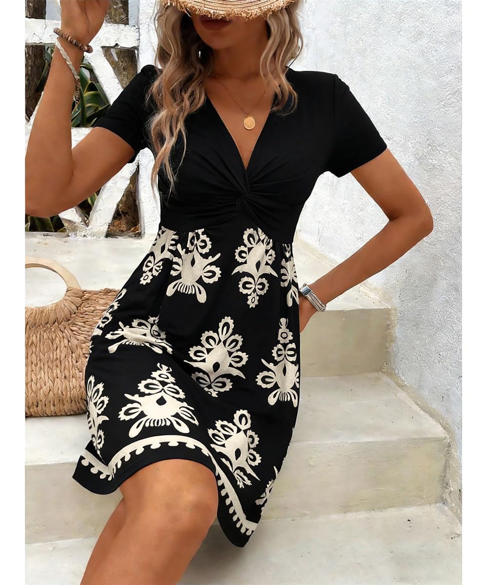 Robe Ete Femme Col V Chic et Elegant Manches Courtes Mini Robe A-Line Décontractée Robes Taille Haute pour Fête Noël Mariage