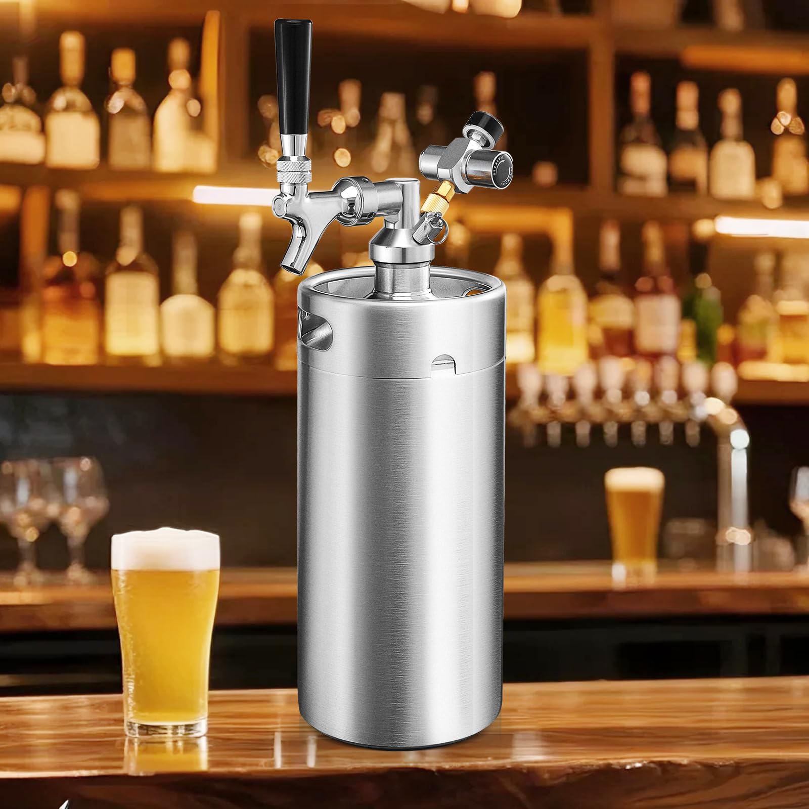 Mini-Fass-Growler, Edelstahl-Bierfass-Zapfhahn-System, tragbarer Bierspender zum Frischhalten und 55 PSI CO2-Druck, Kohlensäure, Bierzapf-System für selbstgebraut, Camping (silberfarben)