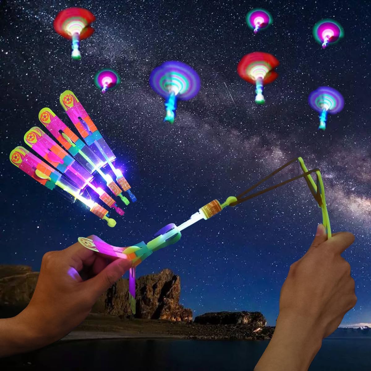 Updated Version Amazing LED Light Arrow Flying Toy Party Fun Gift Elastic Slingshot Flying Copters Birthdays Thanksgiving Christmas Day Outdoor Game for Children Kids (12PCS)