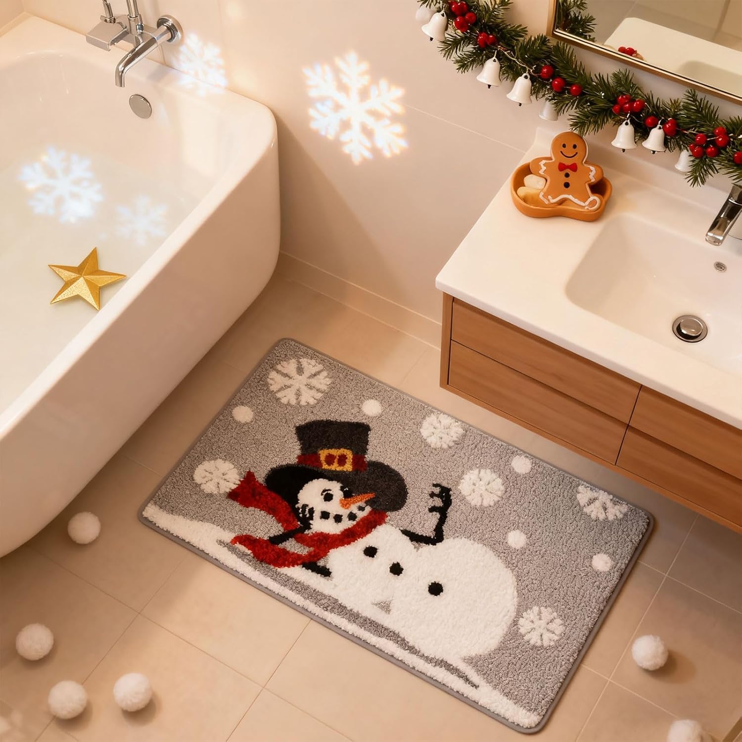 Moutina Christmas Snowman Bathroom Rug 20x32 Inch, Winter Soft and Absorbent Tufted Xmas Snowflake Bath Mat Non Slip Washable, Winter Bathroom Decor Rug Grey Holiday Decorations