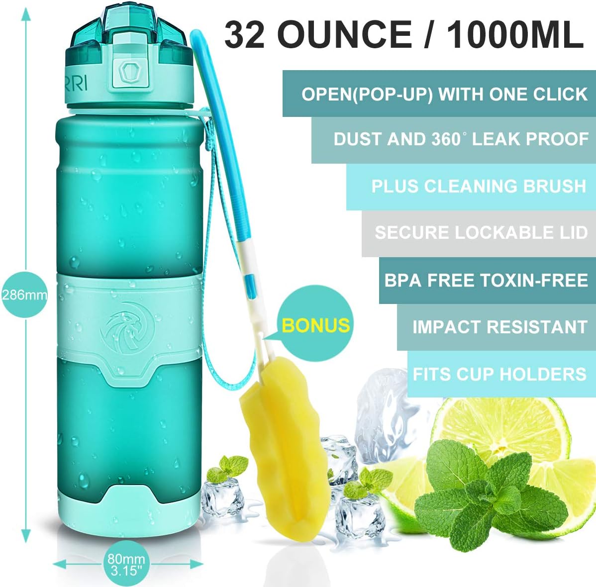 ZORRI Water Bottles, BPA Free Leakproof 32oz 1 litre Water Bottle for Kids, Frosted Mint Green, 1000 ml - Image 5