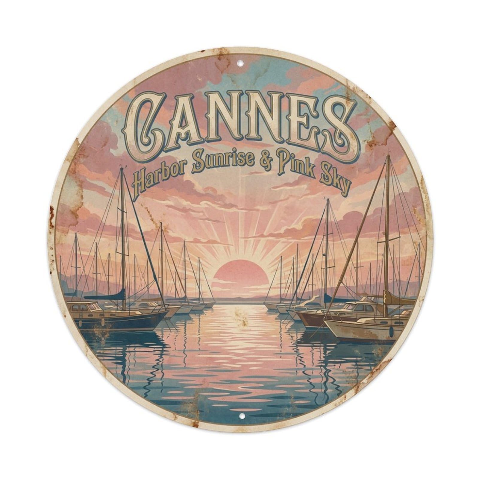 City Travel Cannes France Marina Sunset Sailboats Metal Tin Sign