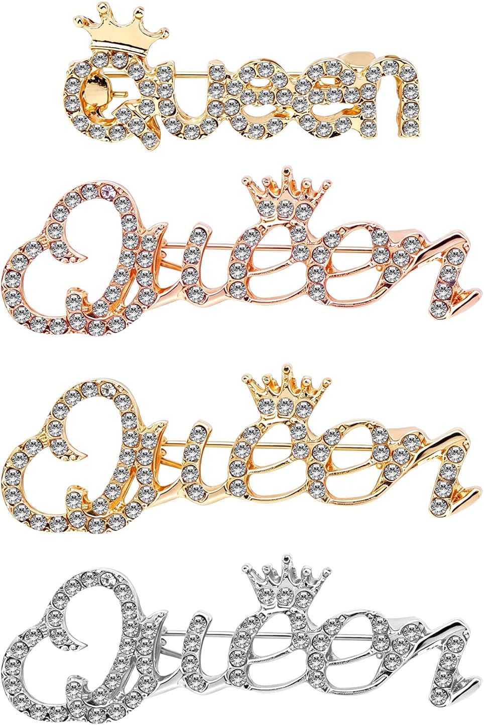 4 Pcs Queen Pin Brooches and Pins for Women Crown Lapel Pin Sweater Shawl Clip Crystal Brooches for Wedding Clothes Dress Shirt Pants Clothing Accessory Rhinestone Brooches Gold Silver Set