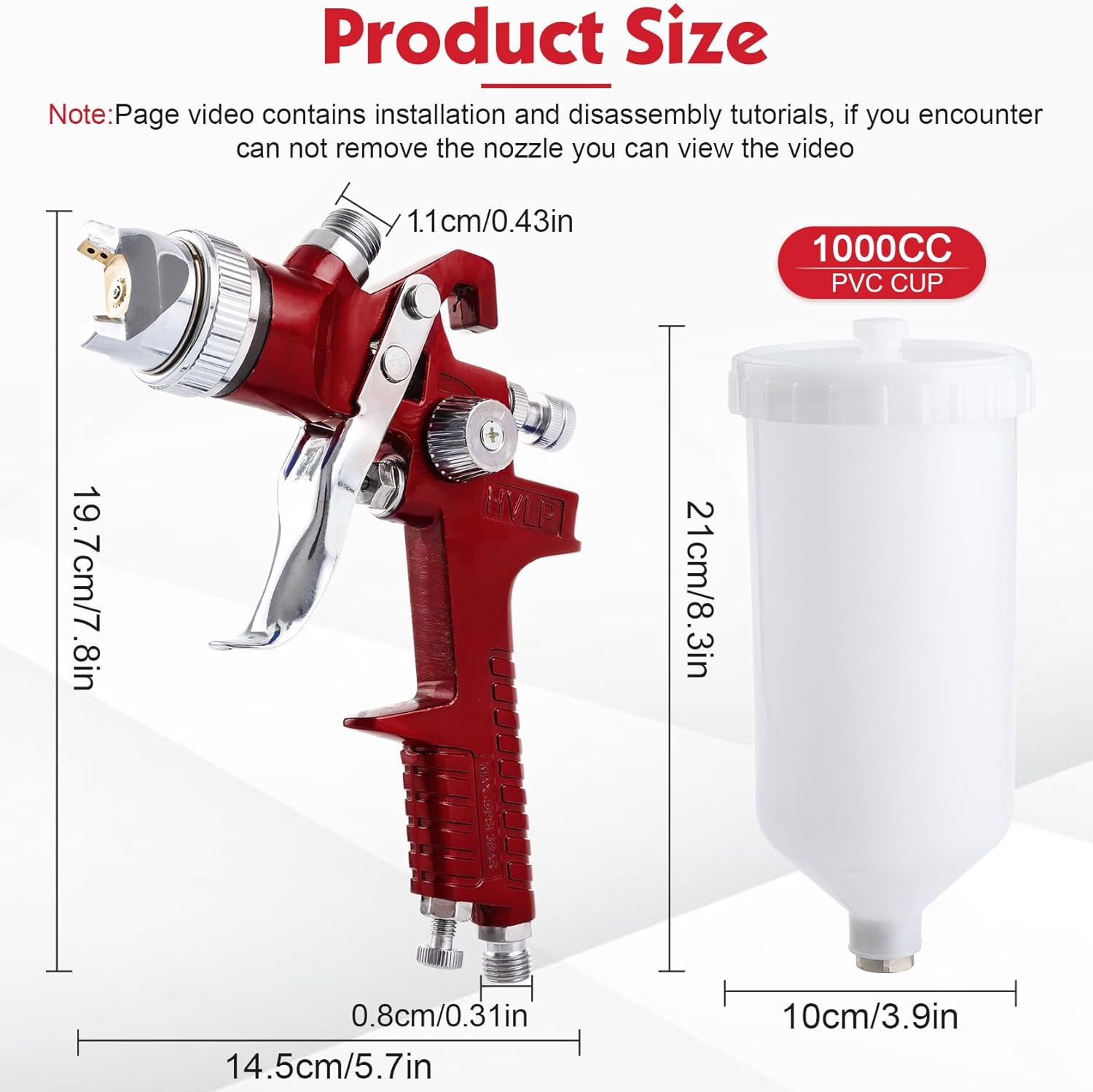 Pindex HVLP Spray Gun Kit with 1000cc Cup,4 Replaceable Brass Nozzles and Needles 1.4mm 1.7mm 2.0mm 2.5mm Fluid Tips,Gravity Feed Spray Paint Gun Kit