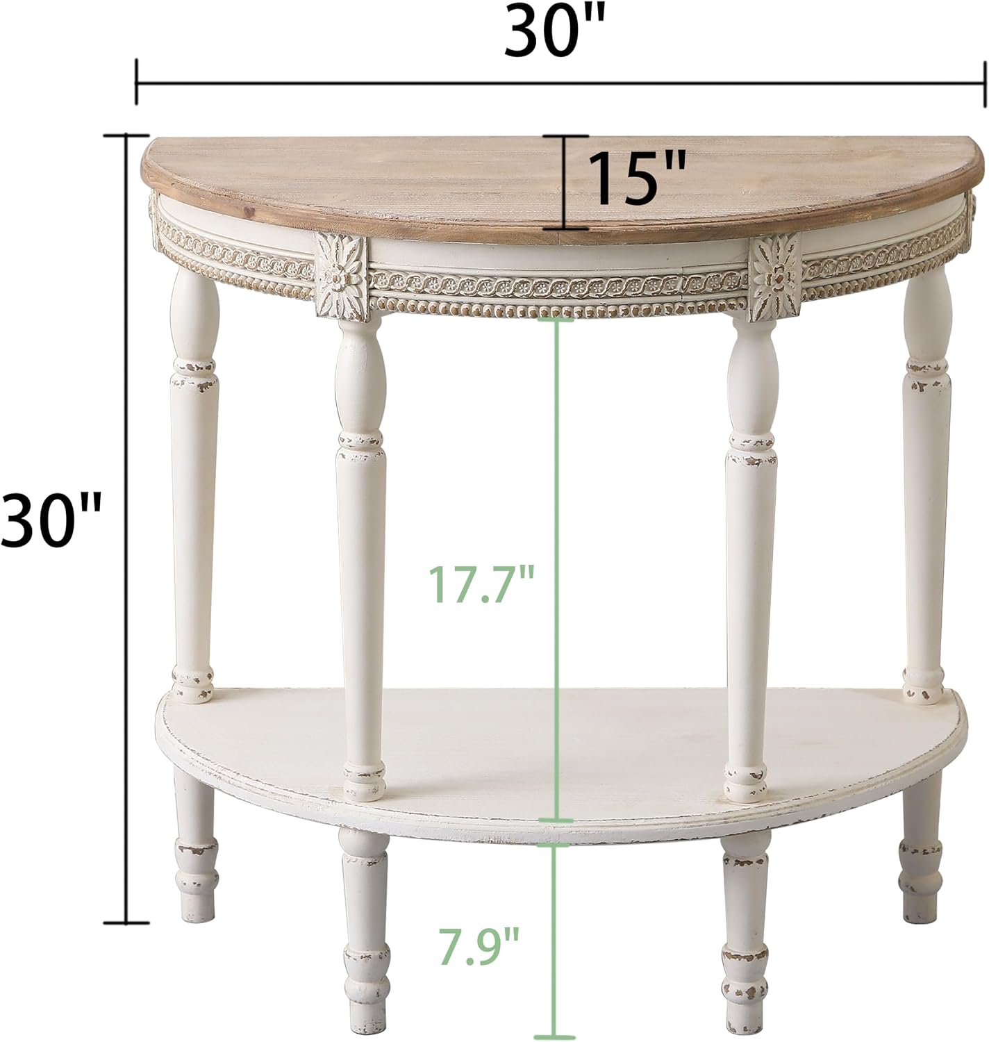 SOFE Distressed White Half Moon Console Table, 30 Inche Wood Entryway Table, Vintage Small Hallway Table for Living Room Sofa Side, Carved Floral Accents