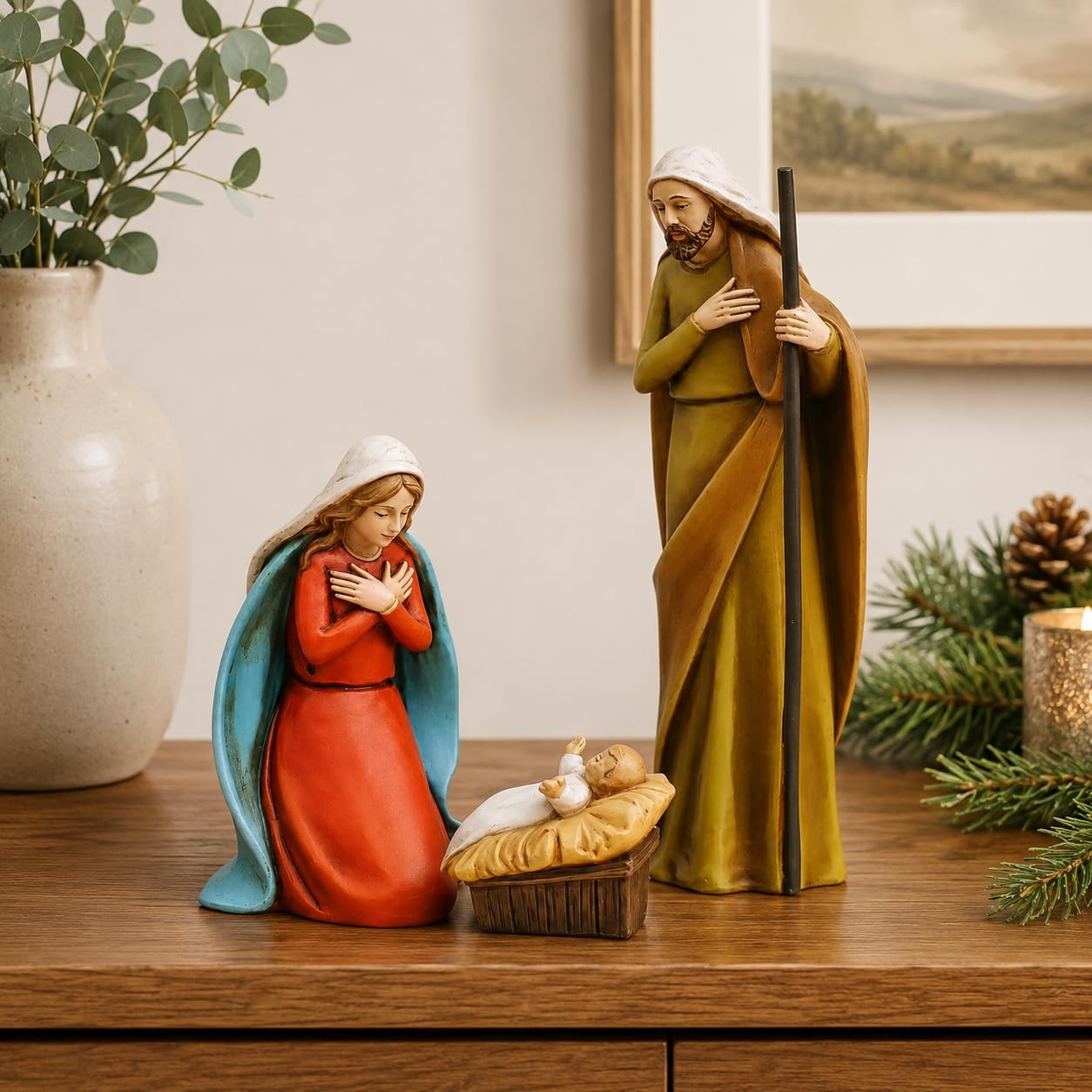 Comfy Hour 5" Holy Family Nativity Scene, Mary Joseph and Christ Child Religious Figurine, Traditional Christmas Manger Statue, Artisan Crafted Home Decor Accent, 1 Piece