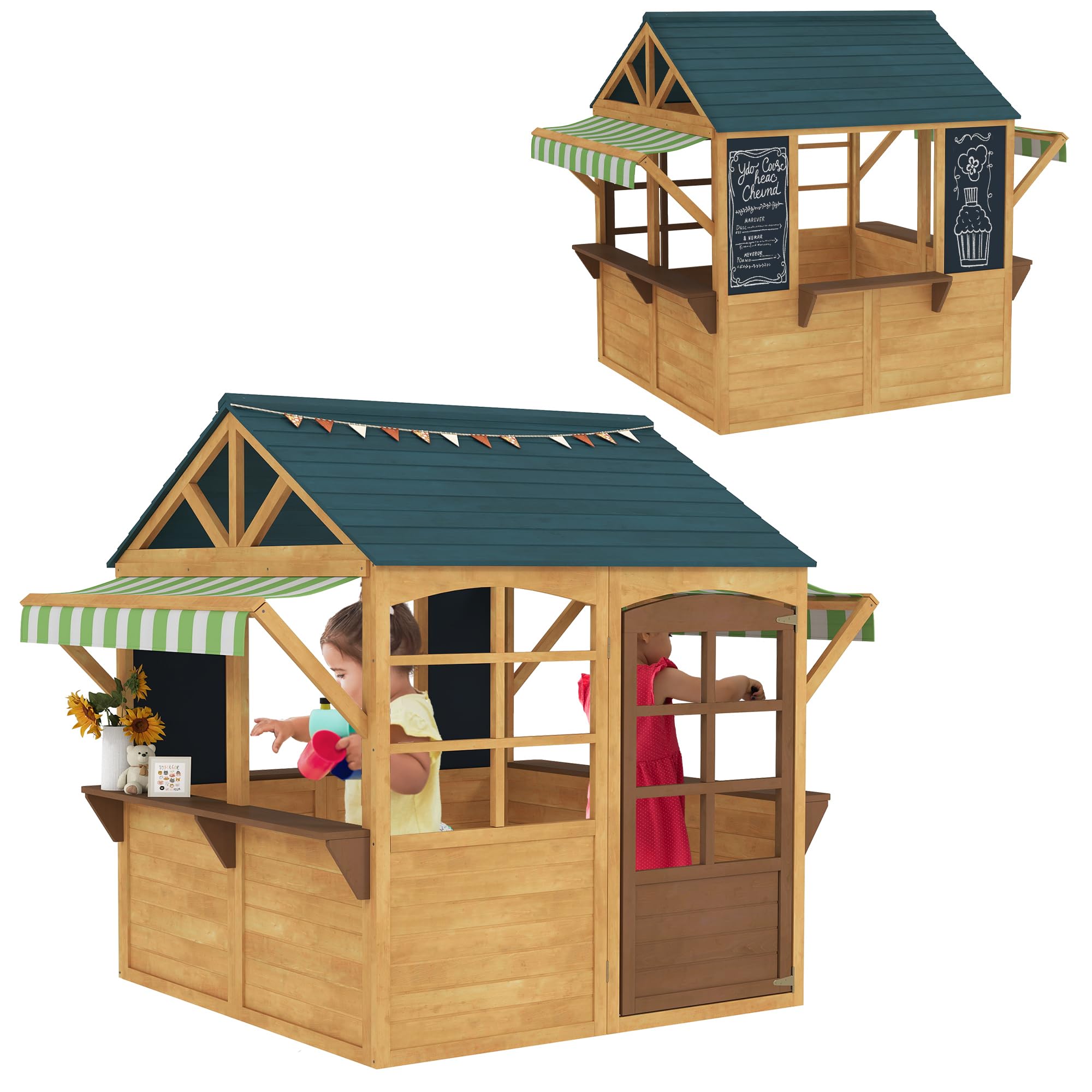 AIYAPLAY Casita Infantil Exterior de Madera Plegable Casa Jardín Infantil con 2 Pizarras Ventanas y Toldo Casita de Juegos para Niños a Partir de 3 Años Natural