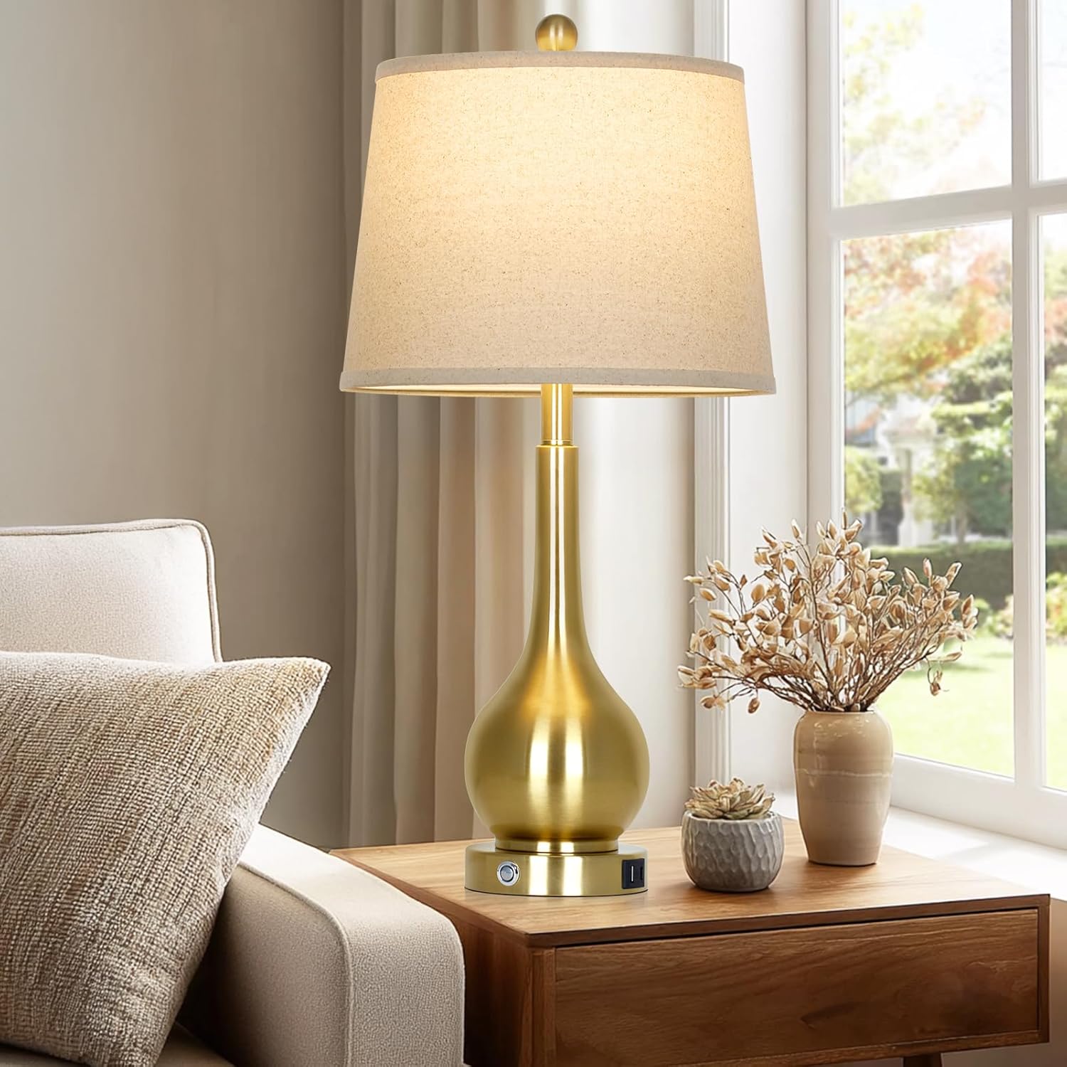 Rinweey 26" Gold Lamps Set of 2 for Living Room, Touch Control Table Lamps for Bedroom, 3-Way Dimmable Bedside Lamps for Nightstand with with USB A+C Ports (2 LED Bulbs Included)